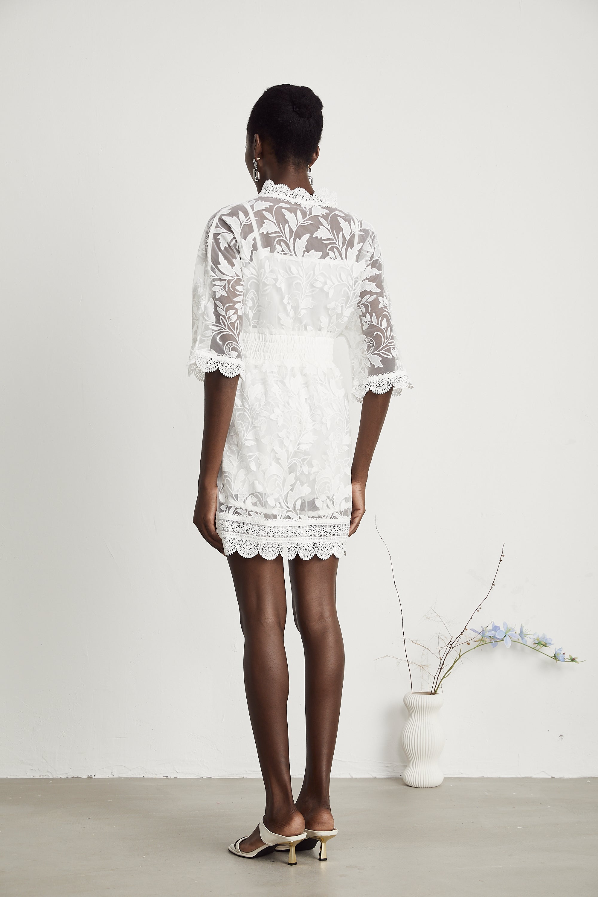 Léna semi-sheer lace embroidered shirt & shorts matching set