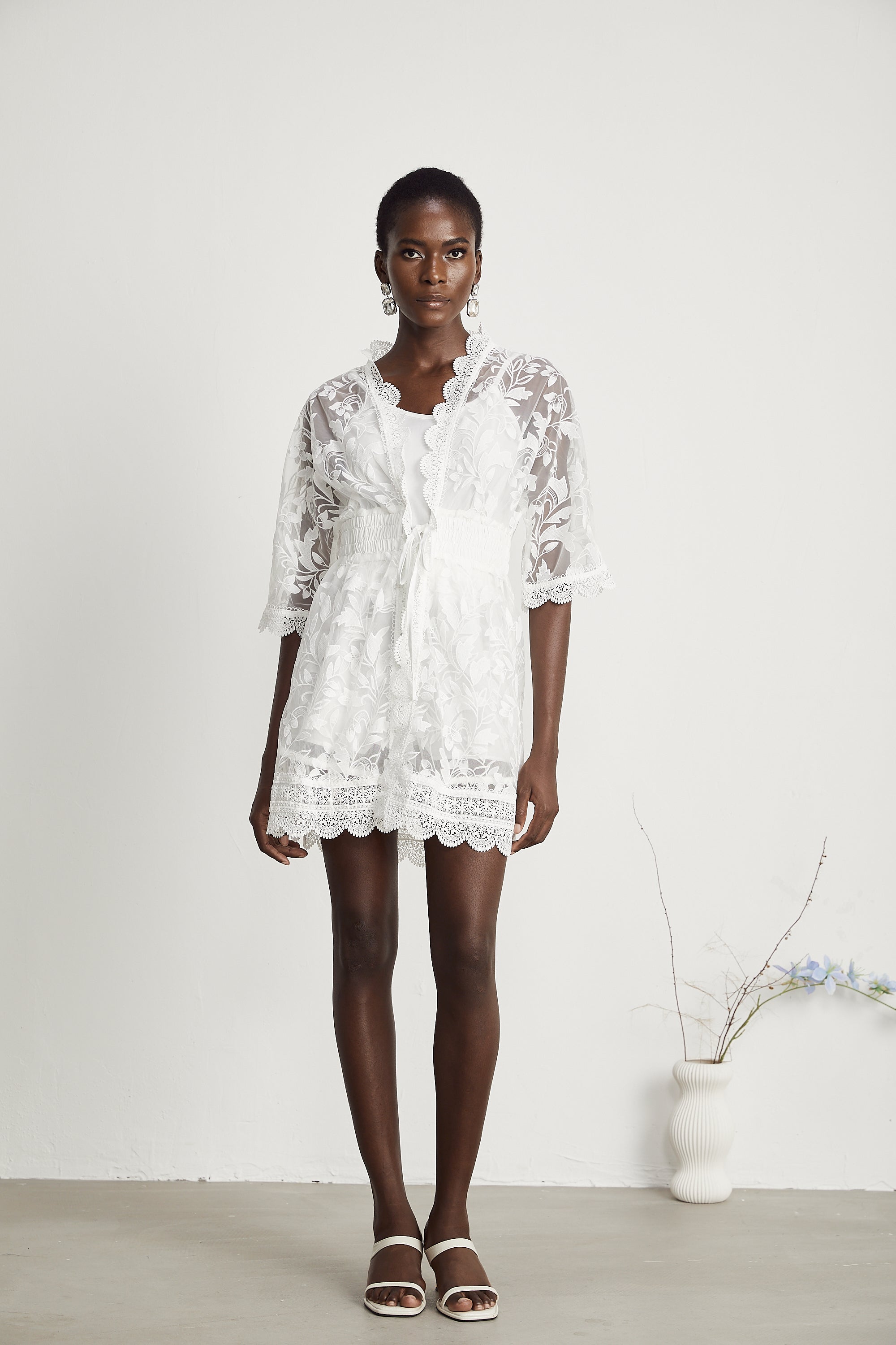 Léna semi-sheer lace embroidered shirt & shorts matching set