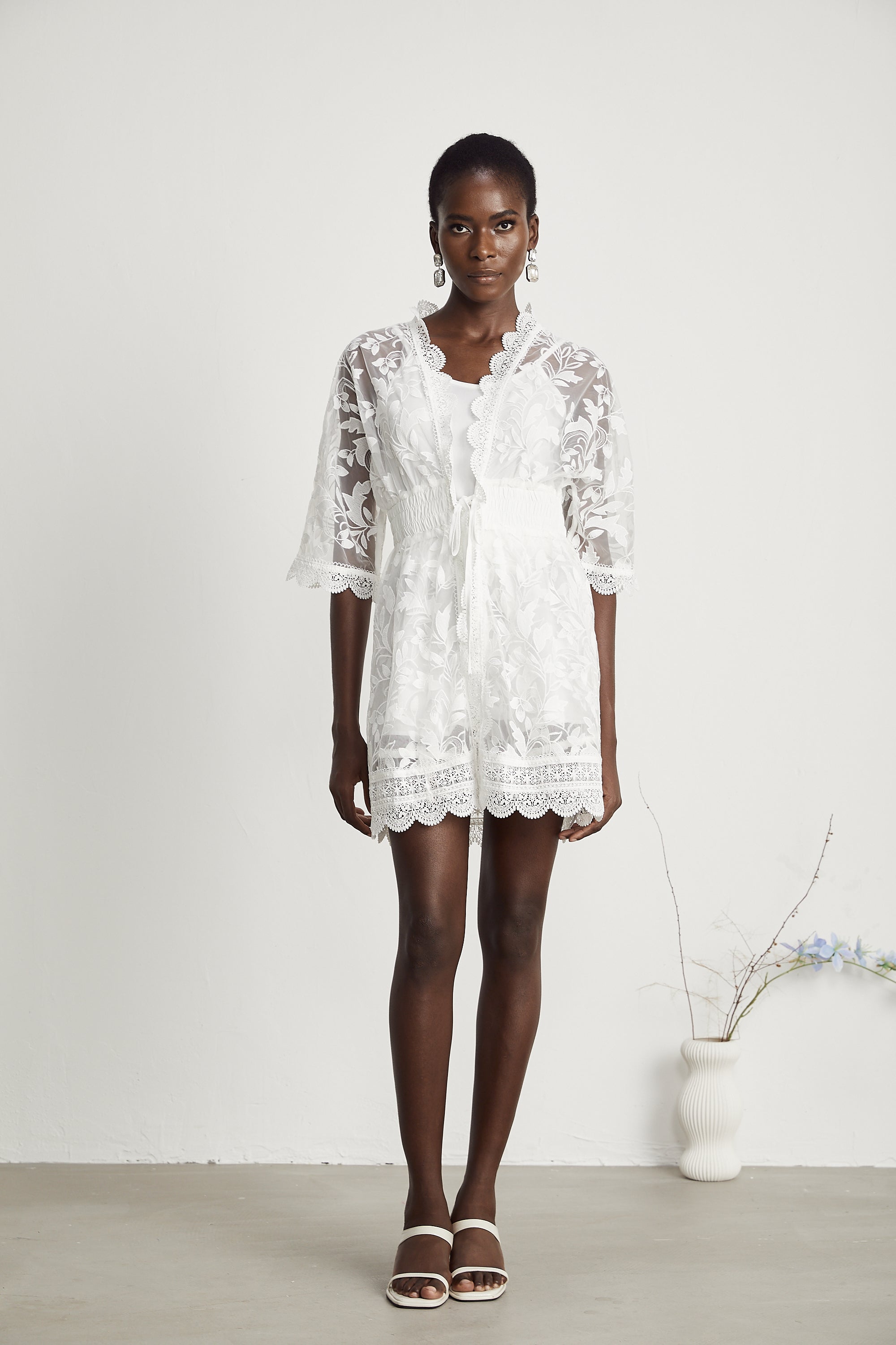 Léna semi-sheer lace embroidered top & shorts matching set