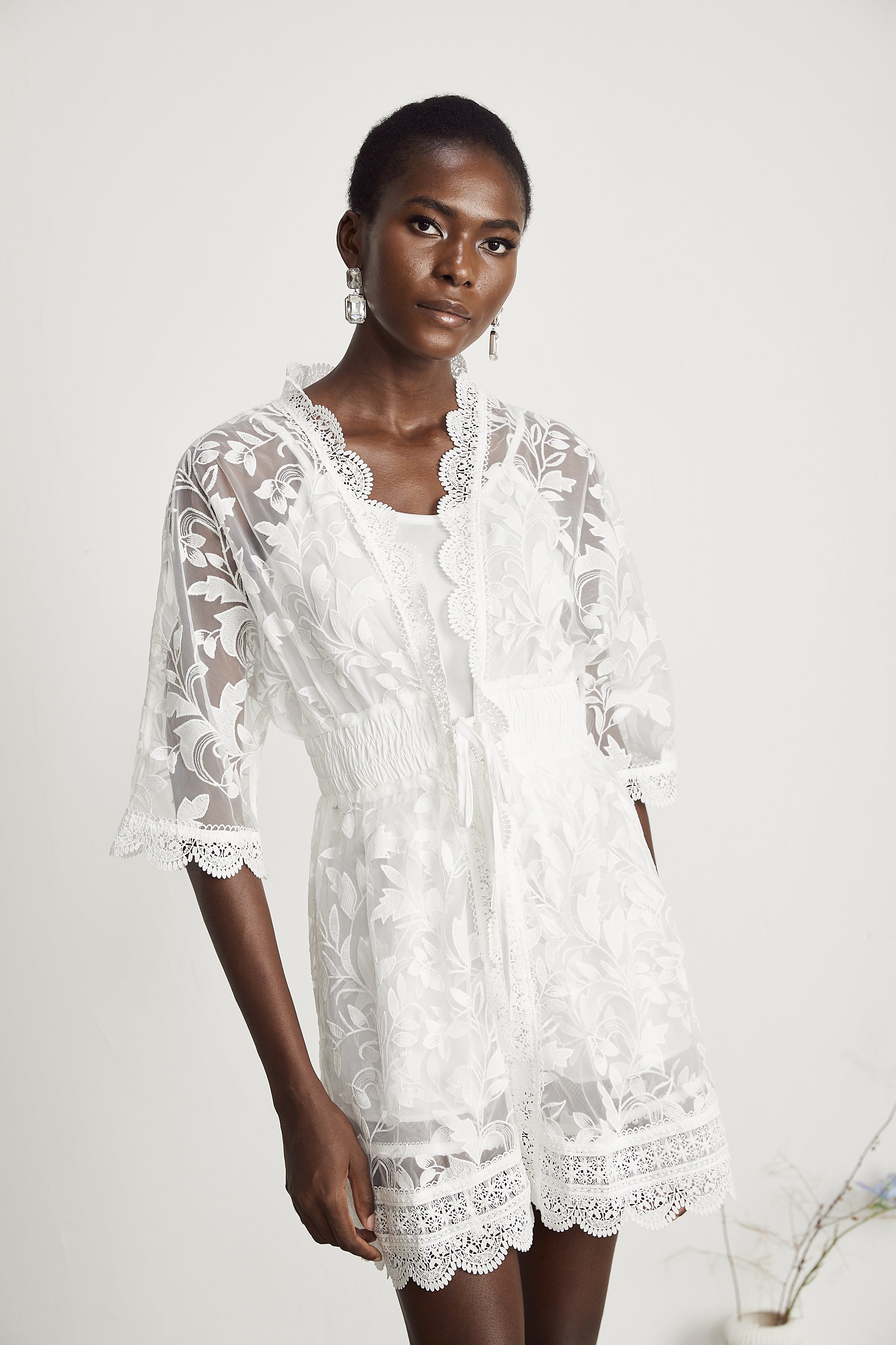 Léna semi-sheer lace embroidered shirt & shorts matching set