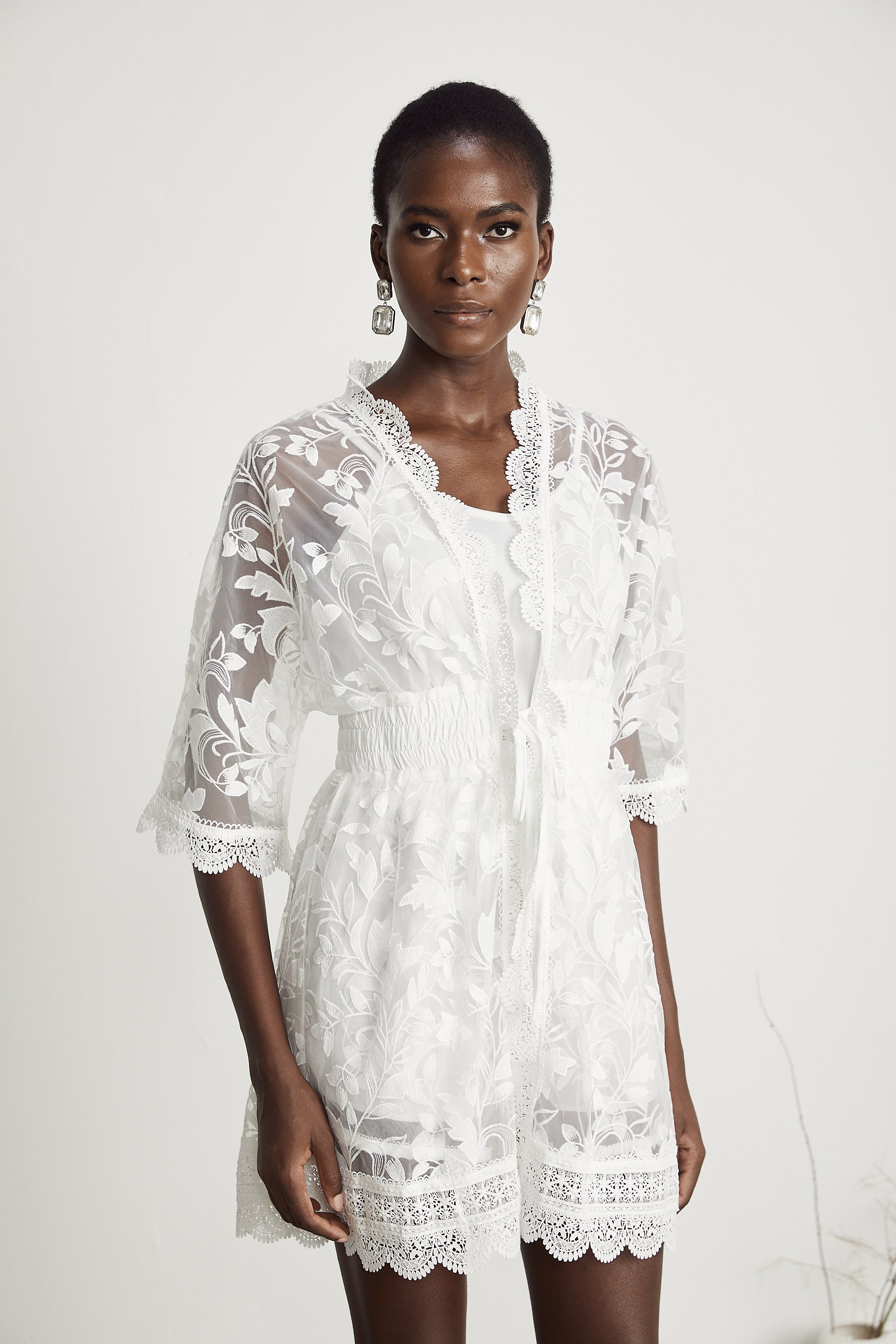 Léna semi-sheer lace embroidered shirt & shorts matching set