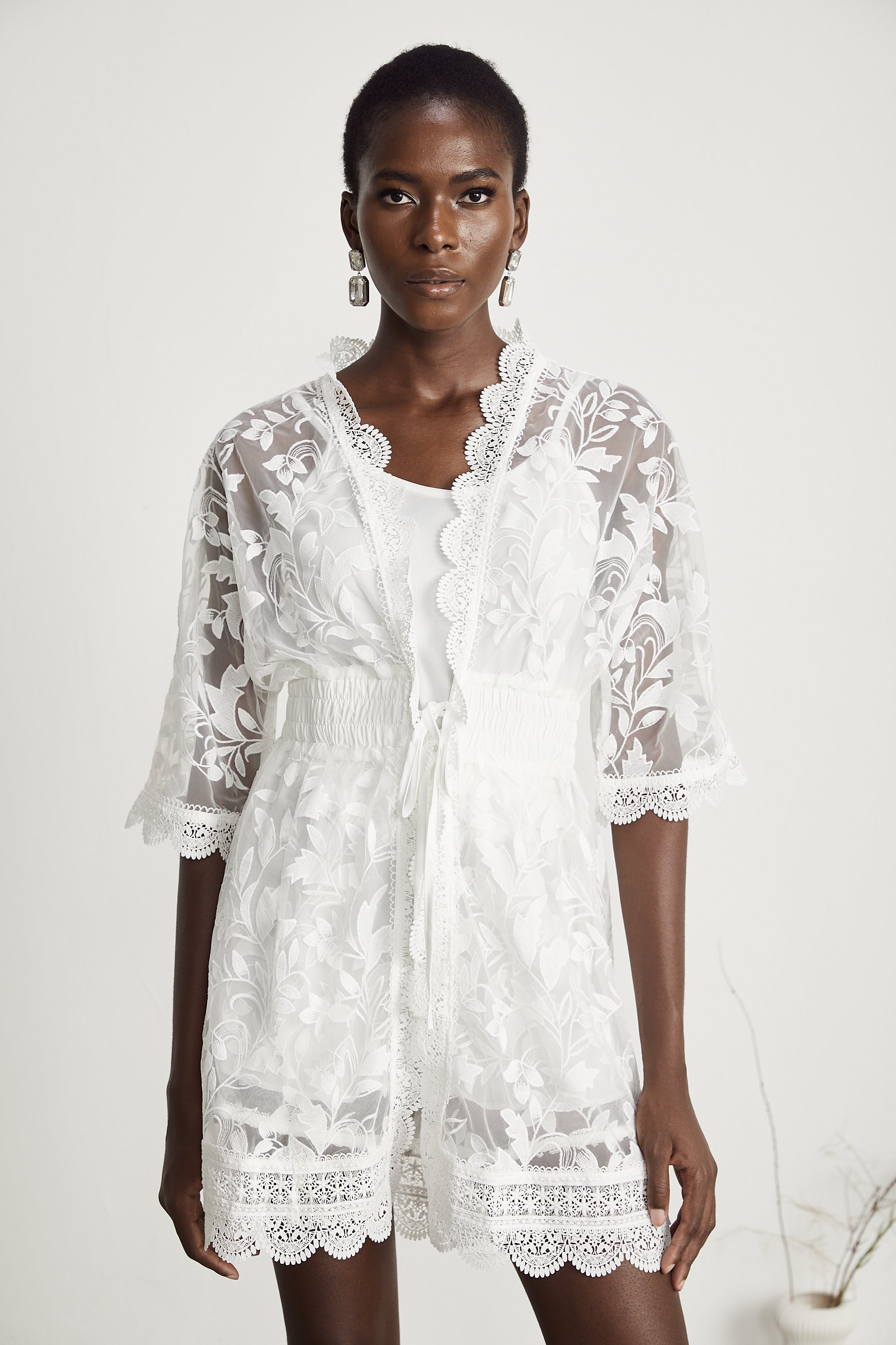 Léna semi-sheer lace embroidered shirt & shorts matching set