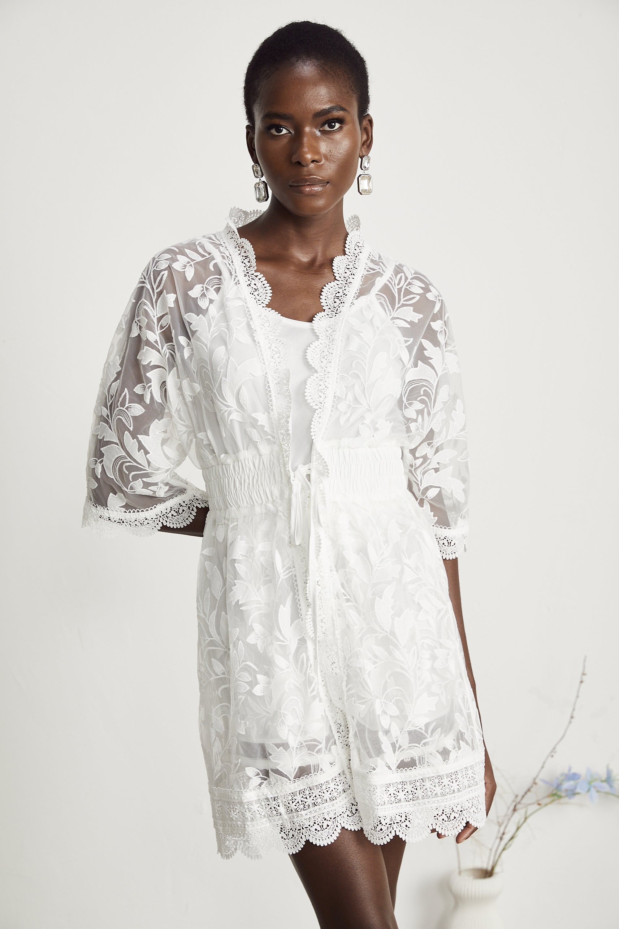 Léna semi-sheer lace embroidered top & shorts matching set