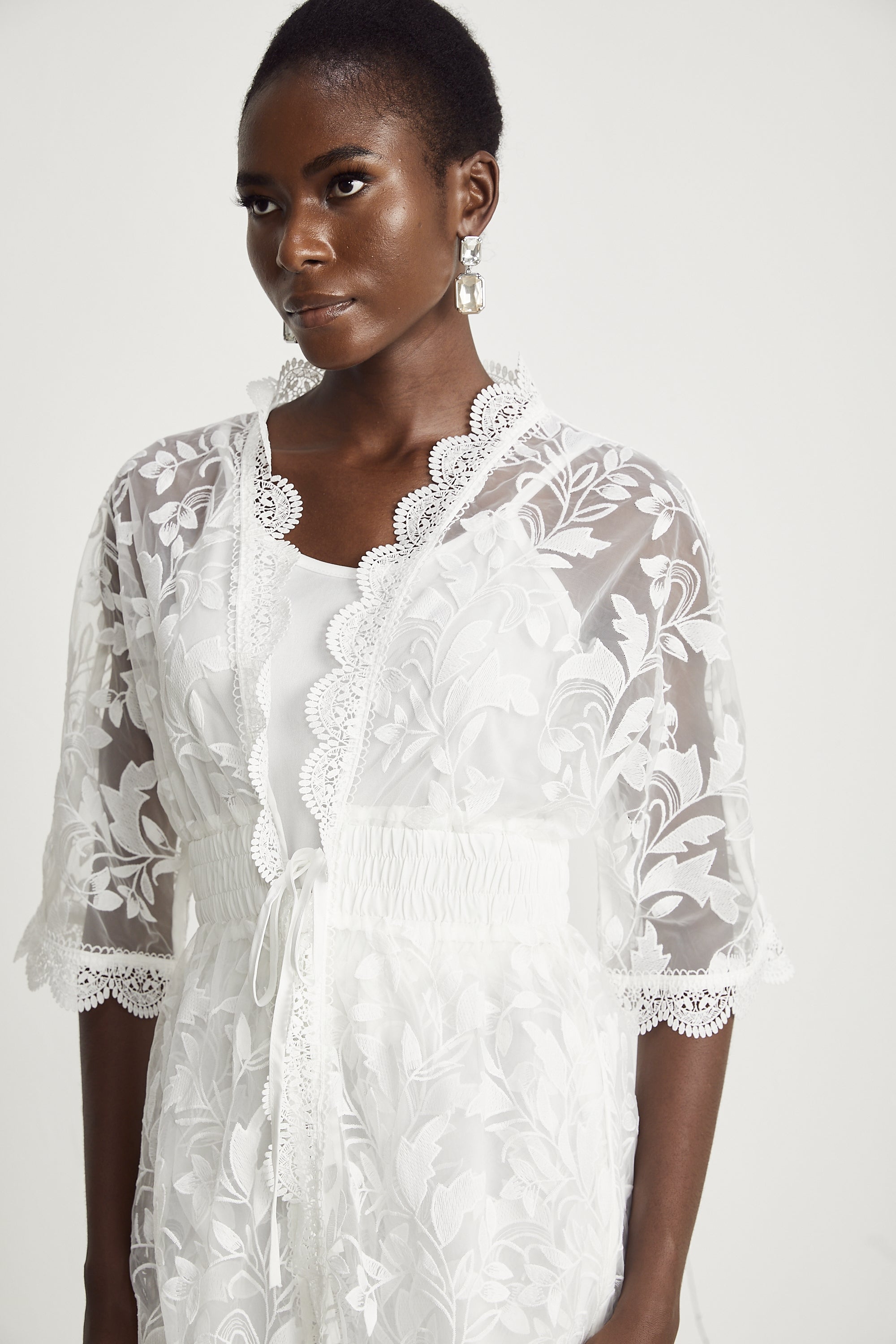 Léna semi-sheer lace embroidered shirt & shorts matching set