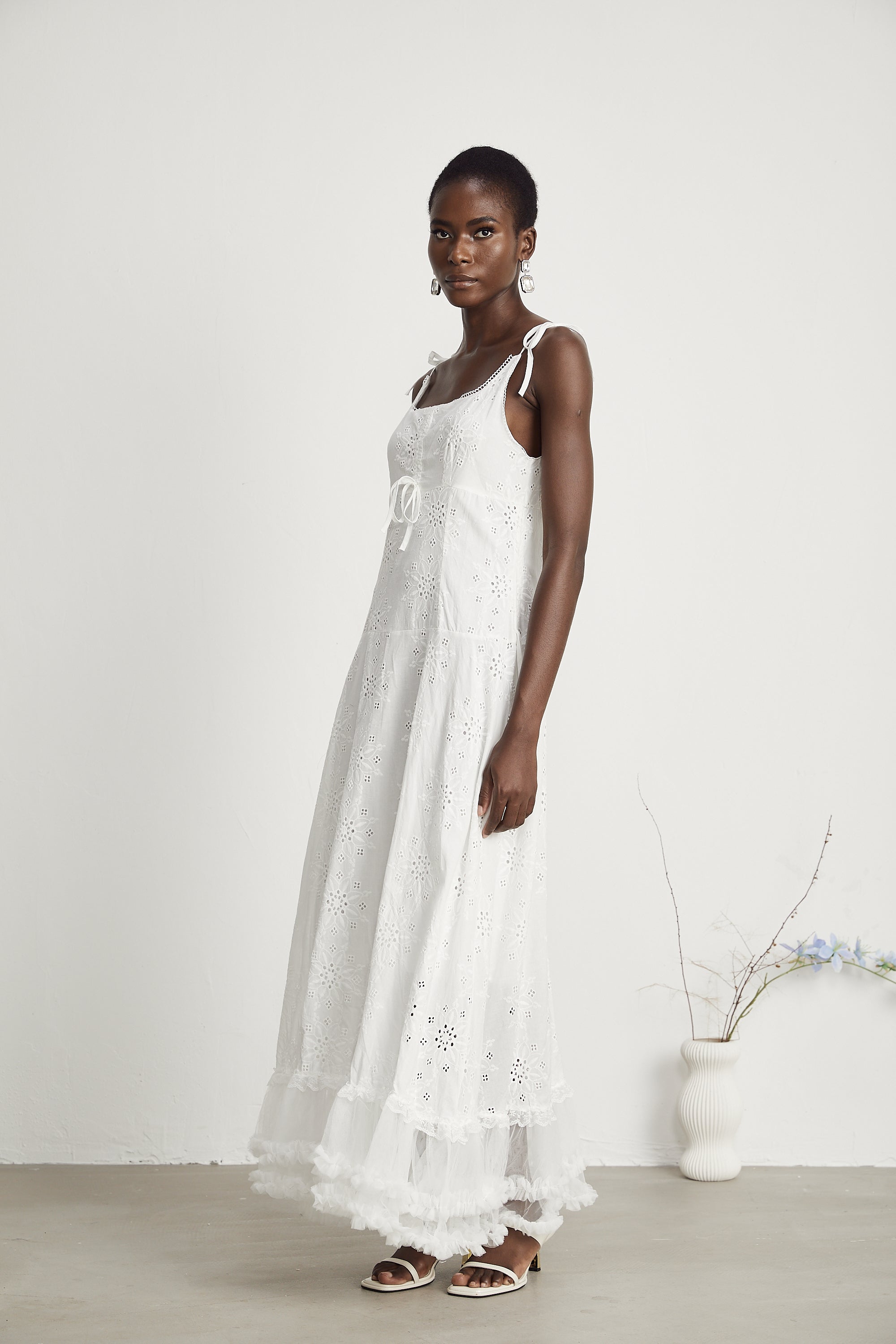 Lili lace floral embroidered semi-sheer midi dress