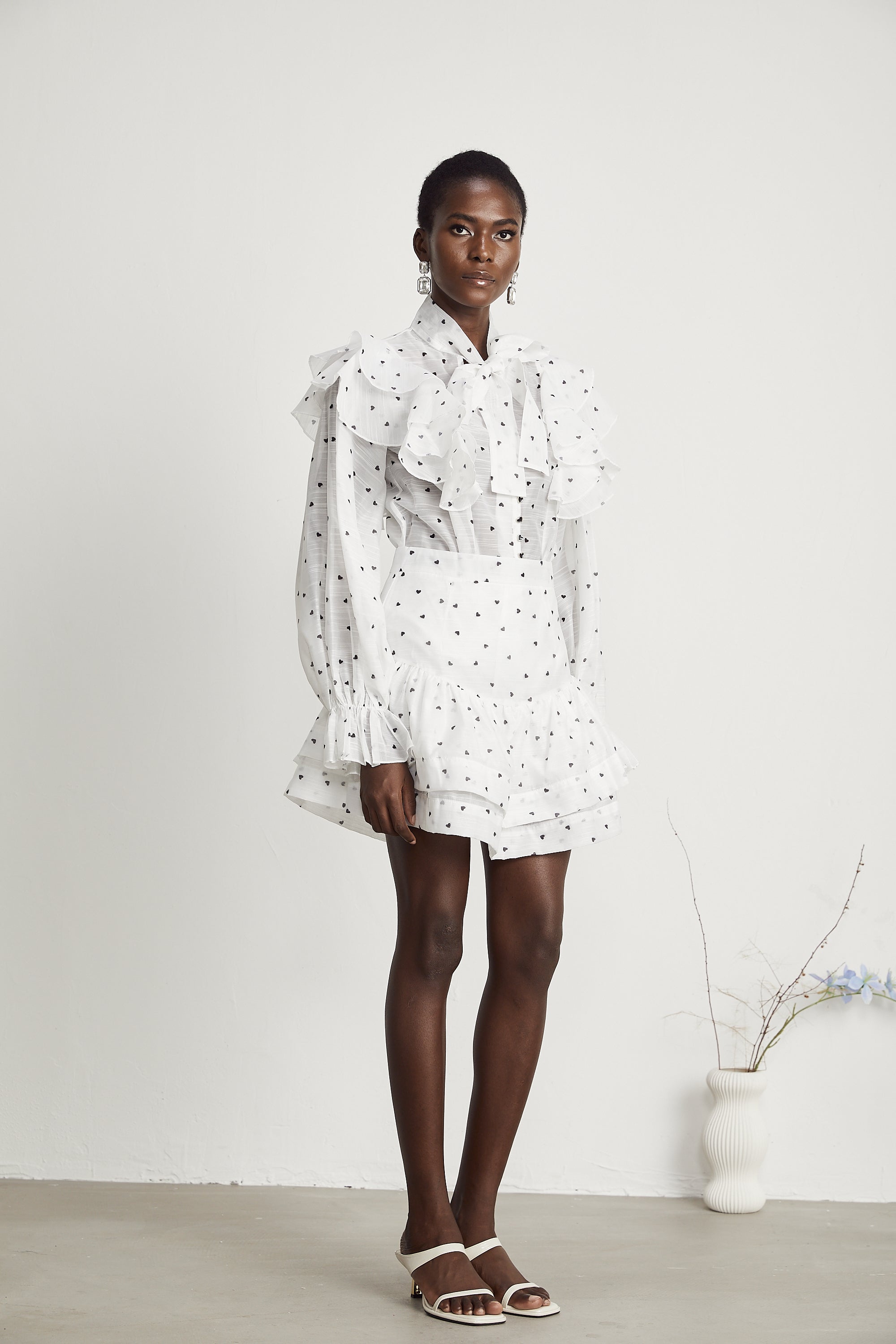 Nadia heart-print blouse & skirt matching set in White