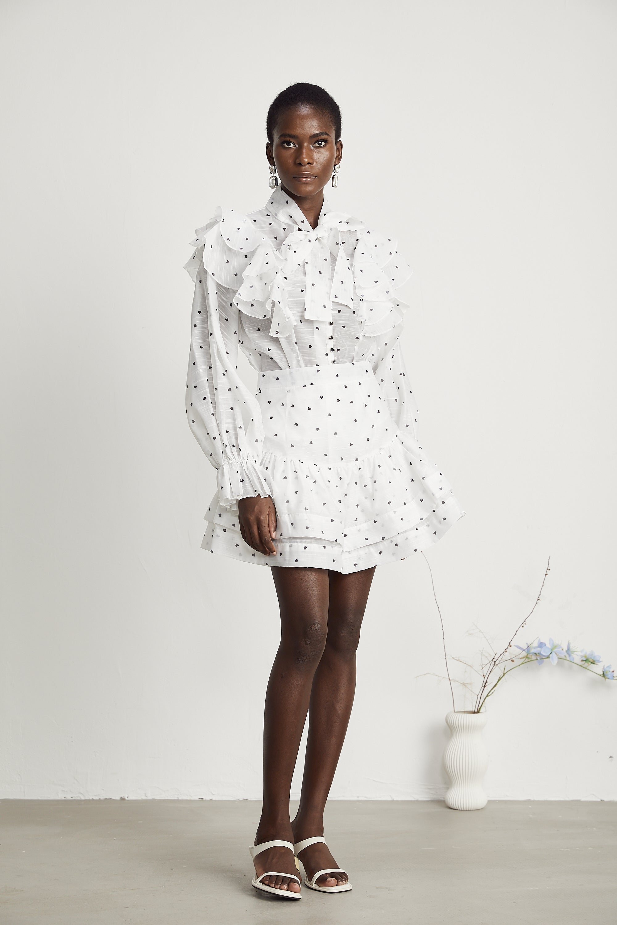 Nadia heart-print blouse & skirt matching set in White