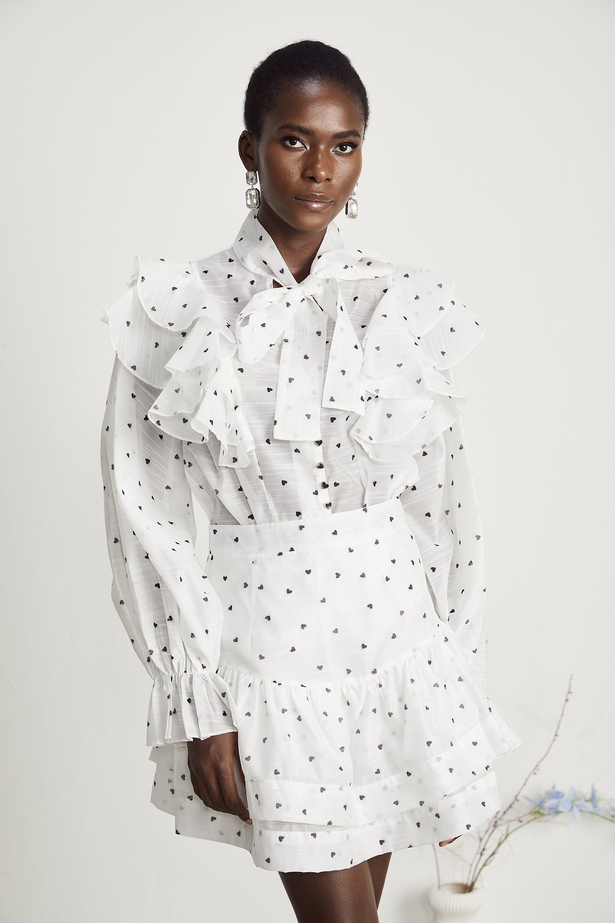 Nadia heart-print blouse & skirt matching set in White