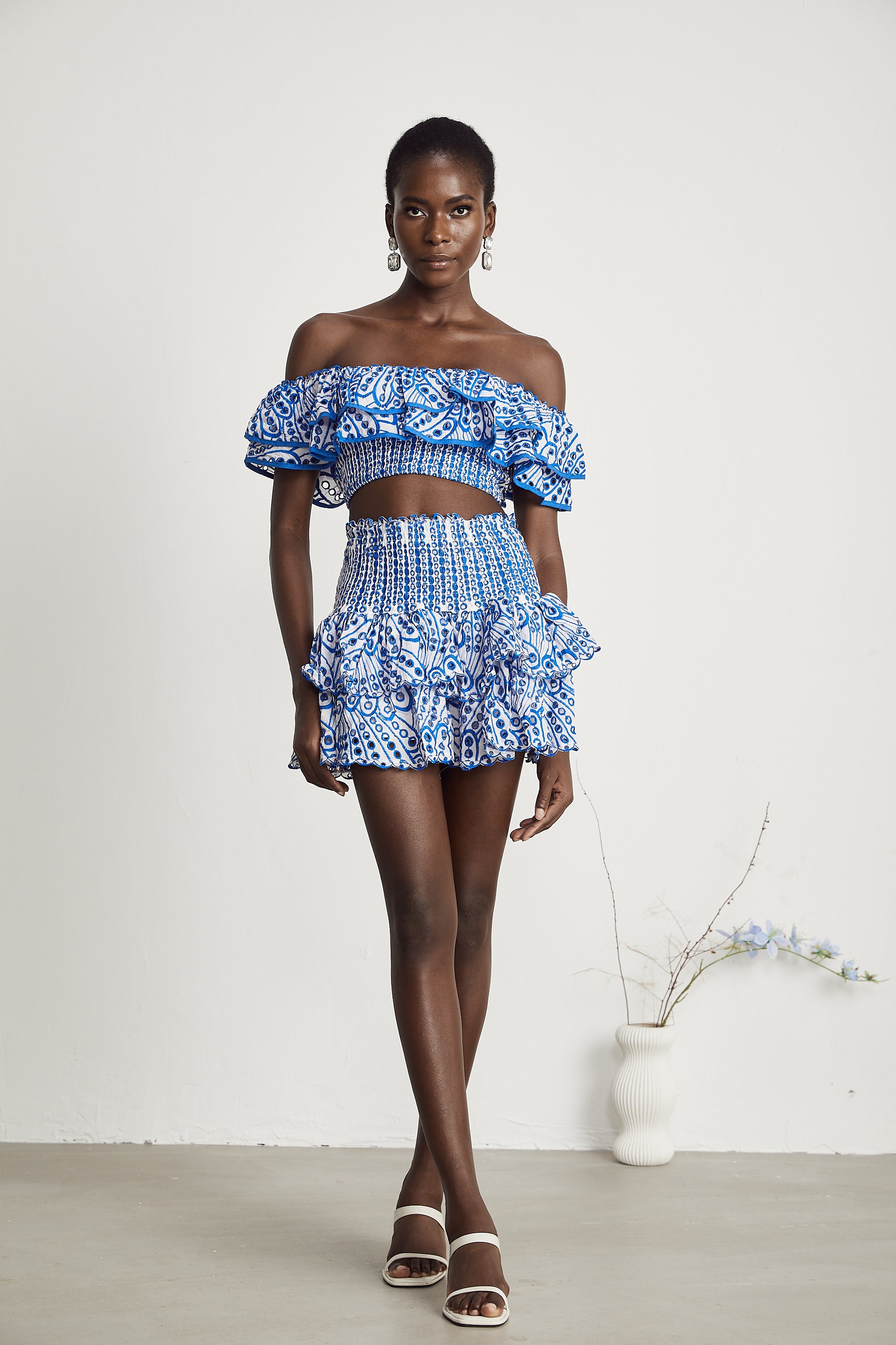 Élodie ruffled pattern-print top & skirt matching set