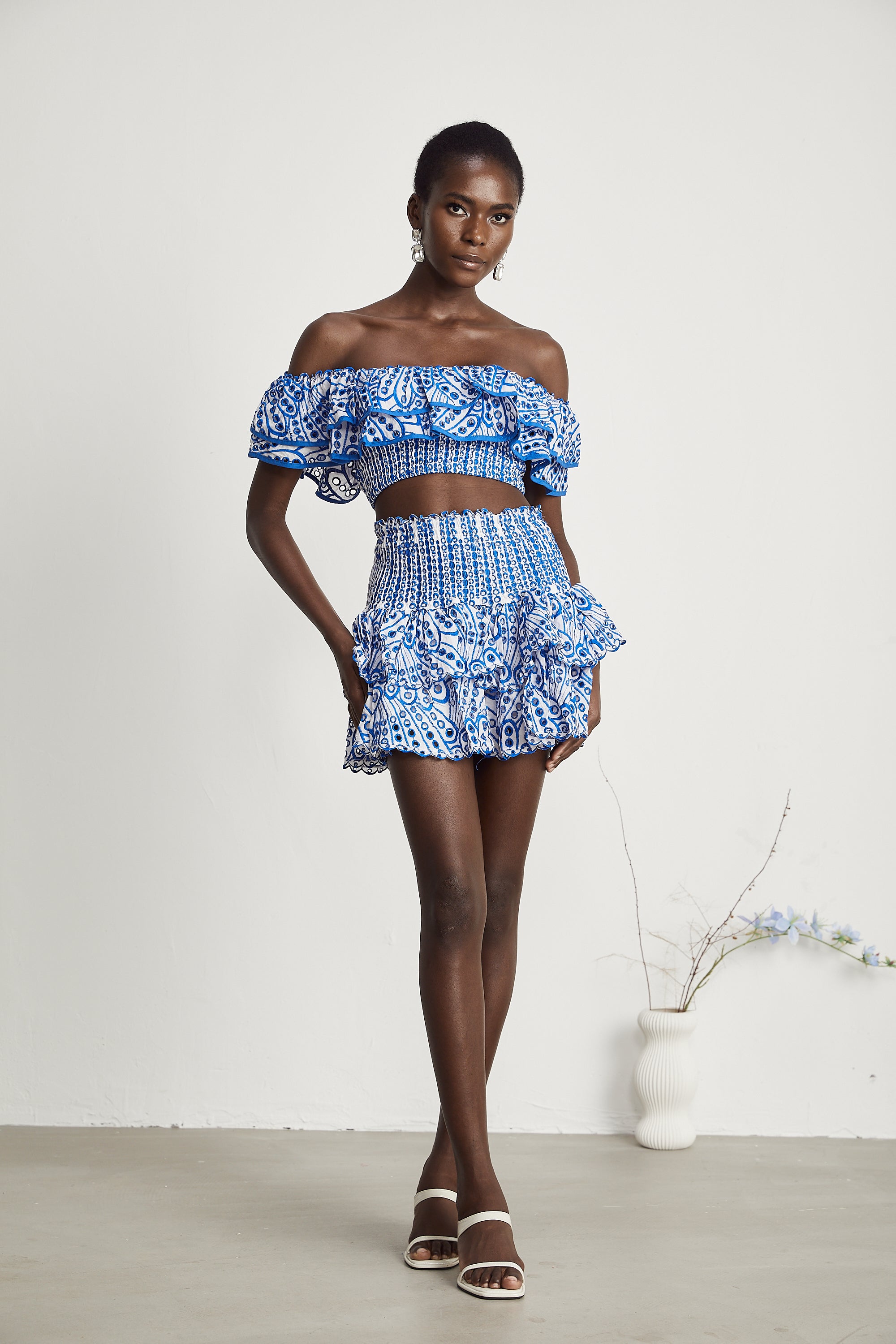 Élodie ruffled pattern-print top & skirt matching set