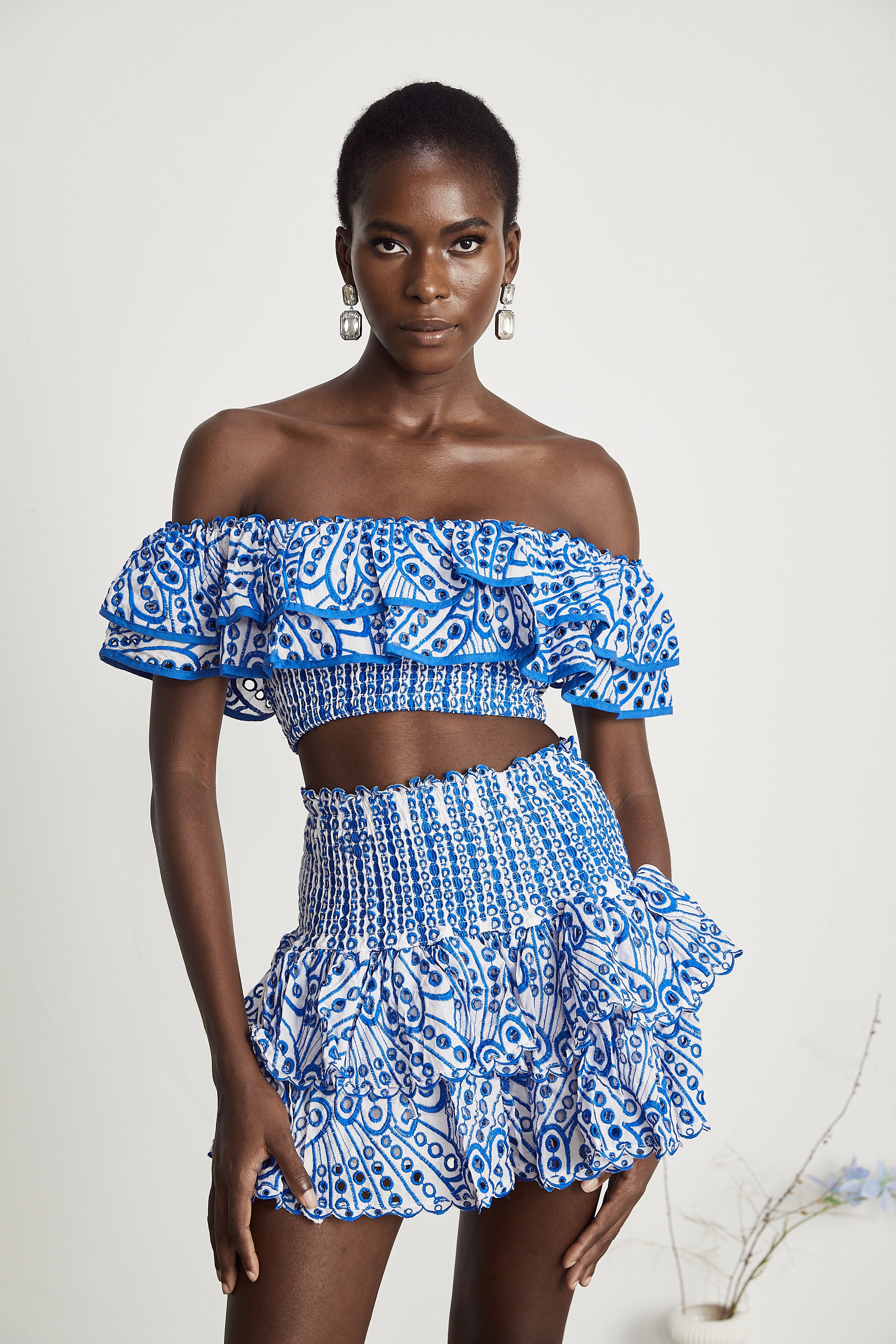 Élodie ruffled pattern-print top & skirt matching set