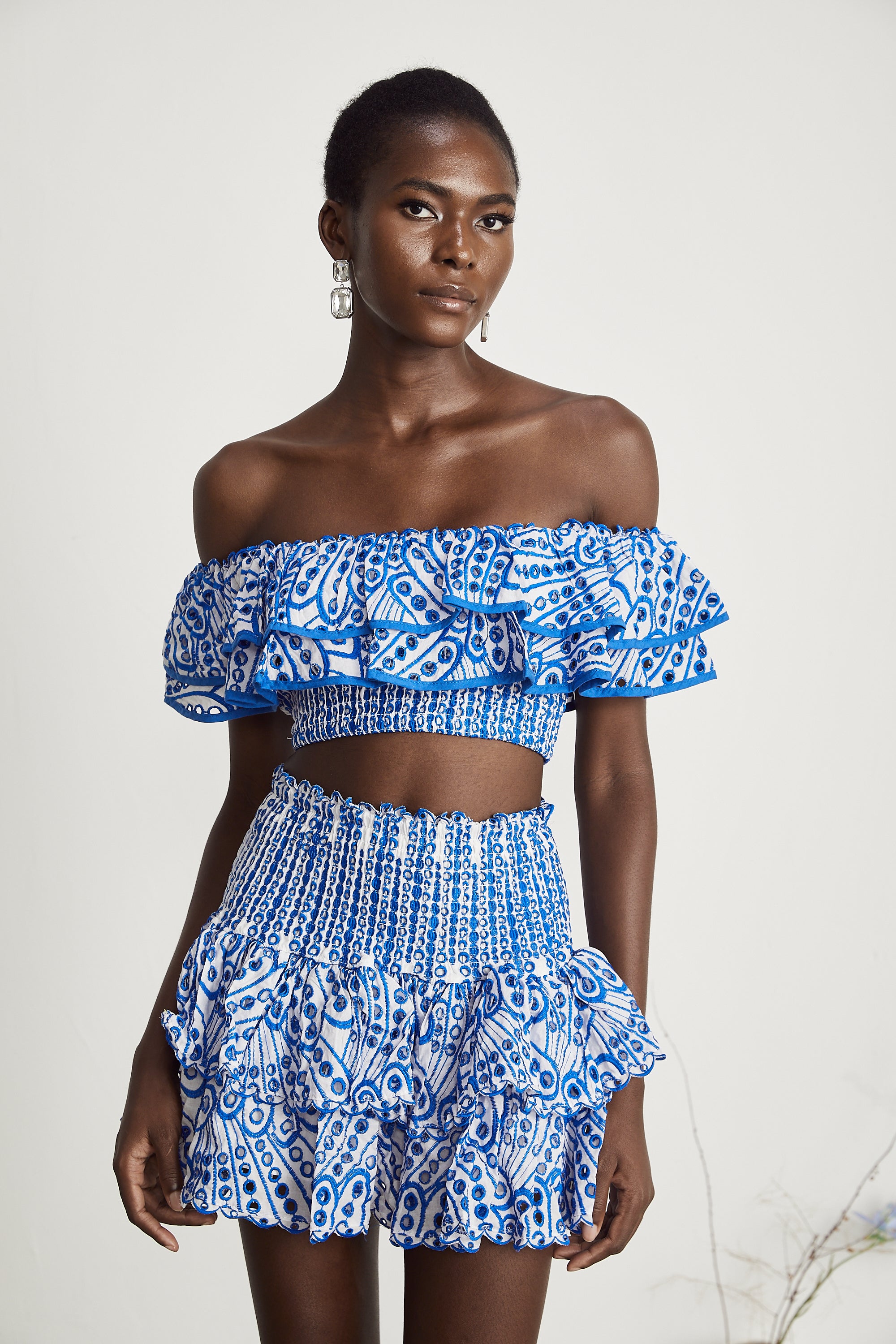 Élodie ruffled pattern-print top & skirt matching set