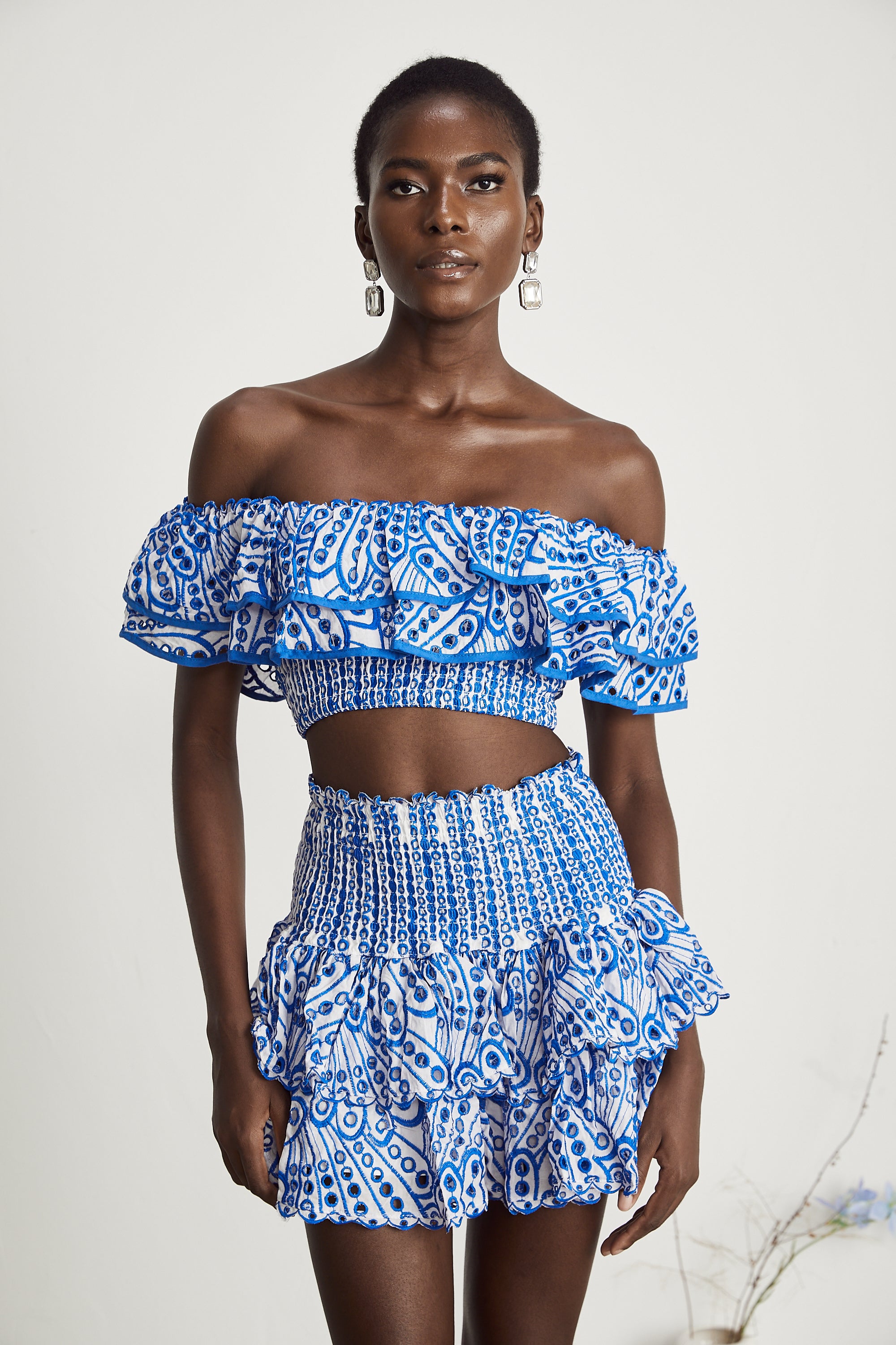 Élodie ruffled pattern-print top & skirt matching set