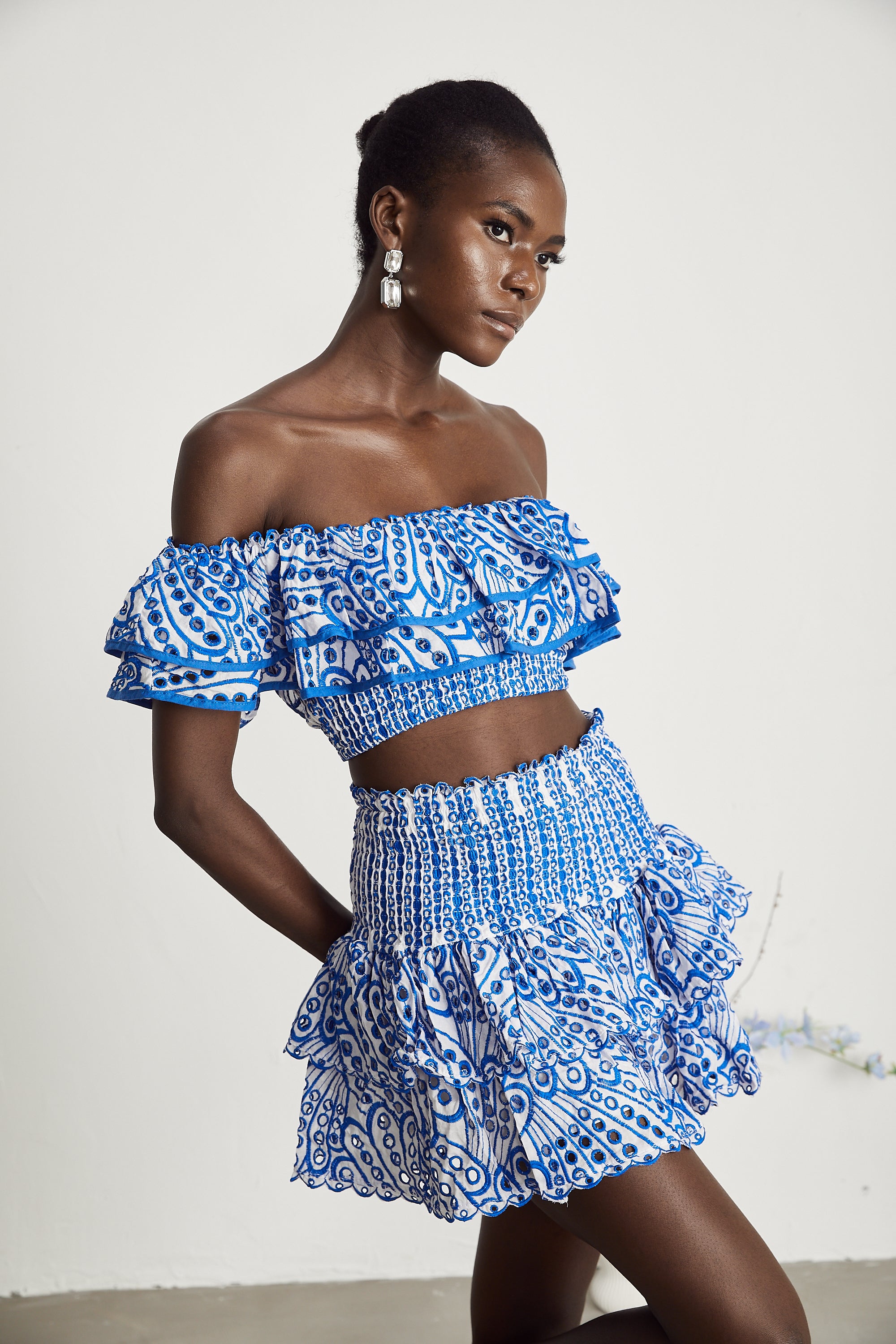 Élodie ruffled pattern-print top & skirt matching set