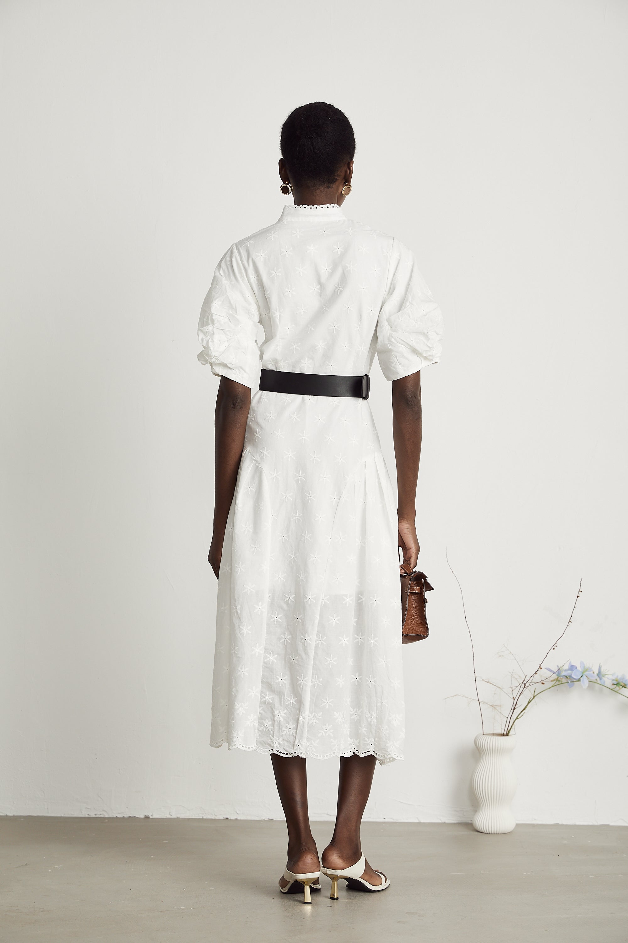 Cordelia puff-sleeve broderie-anglaise midi dress in White