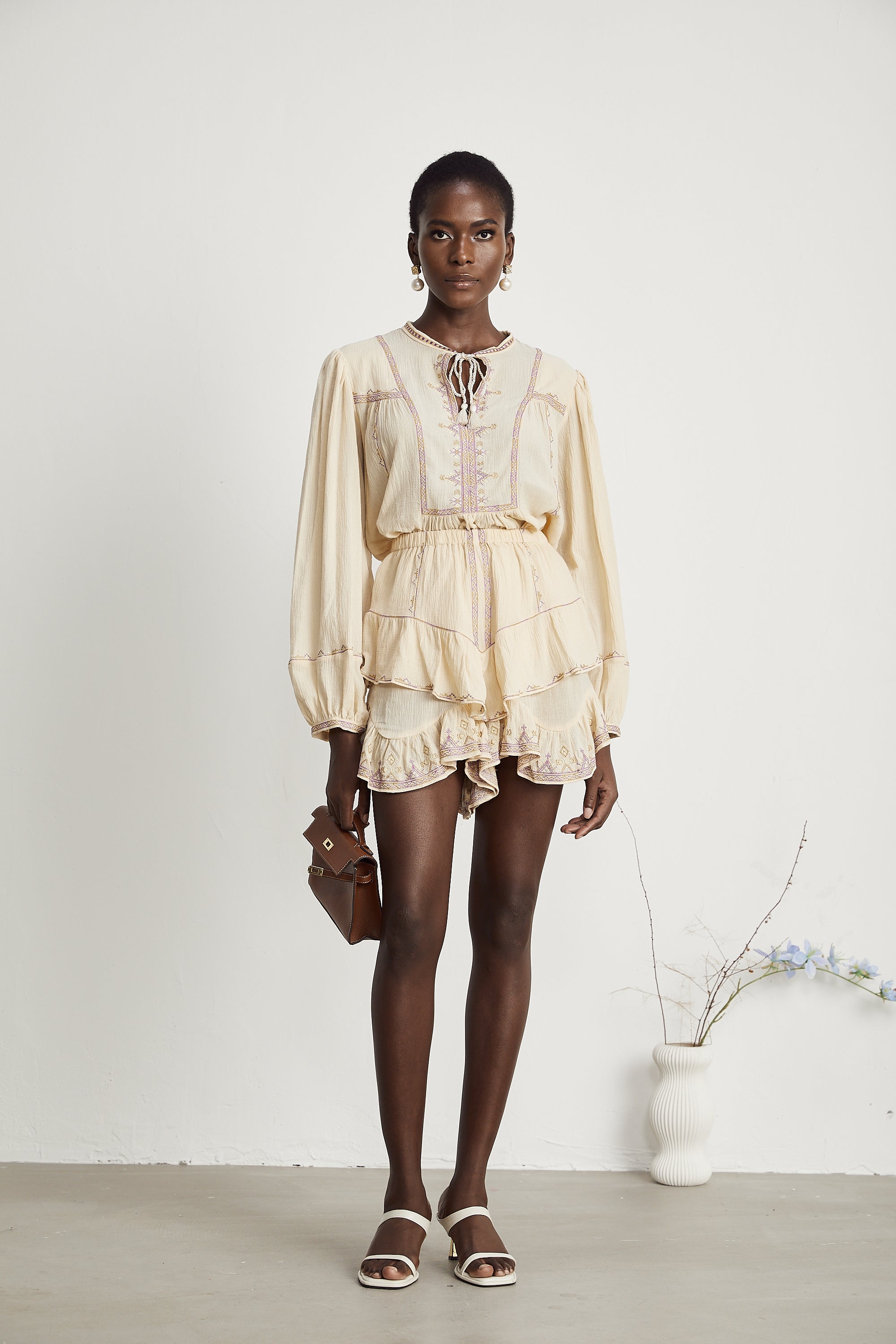 Bérénice embroidered-trim shirt & shorts matching set