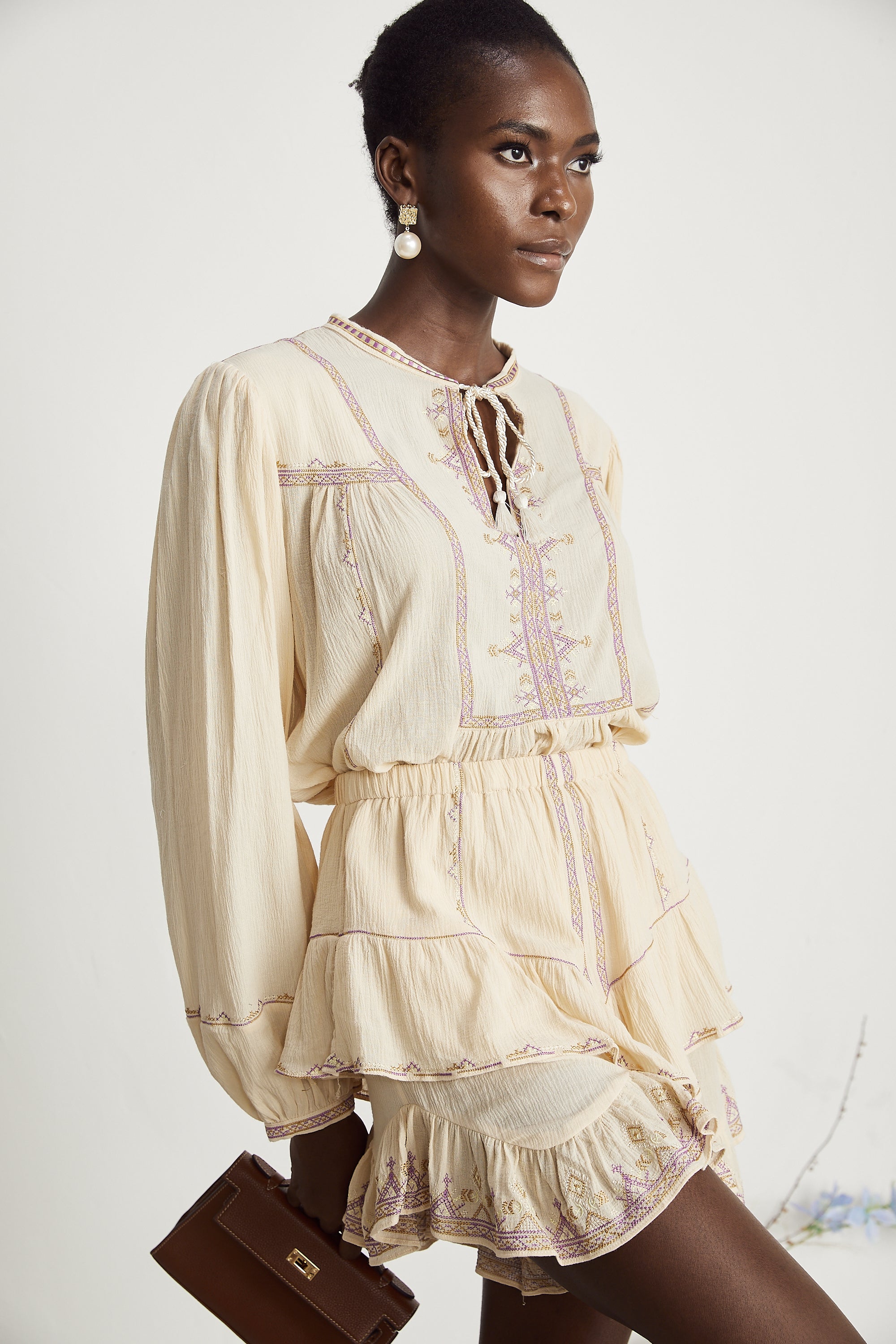 Bérénice embroidered-trim shirt & shorts matching set