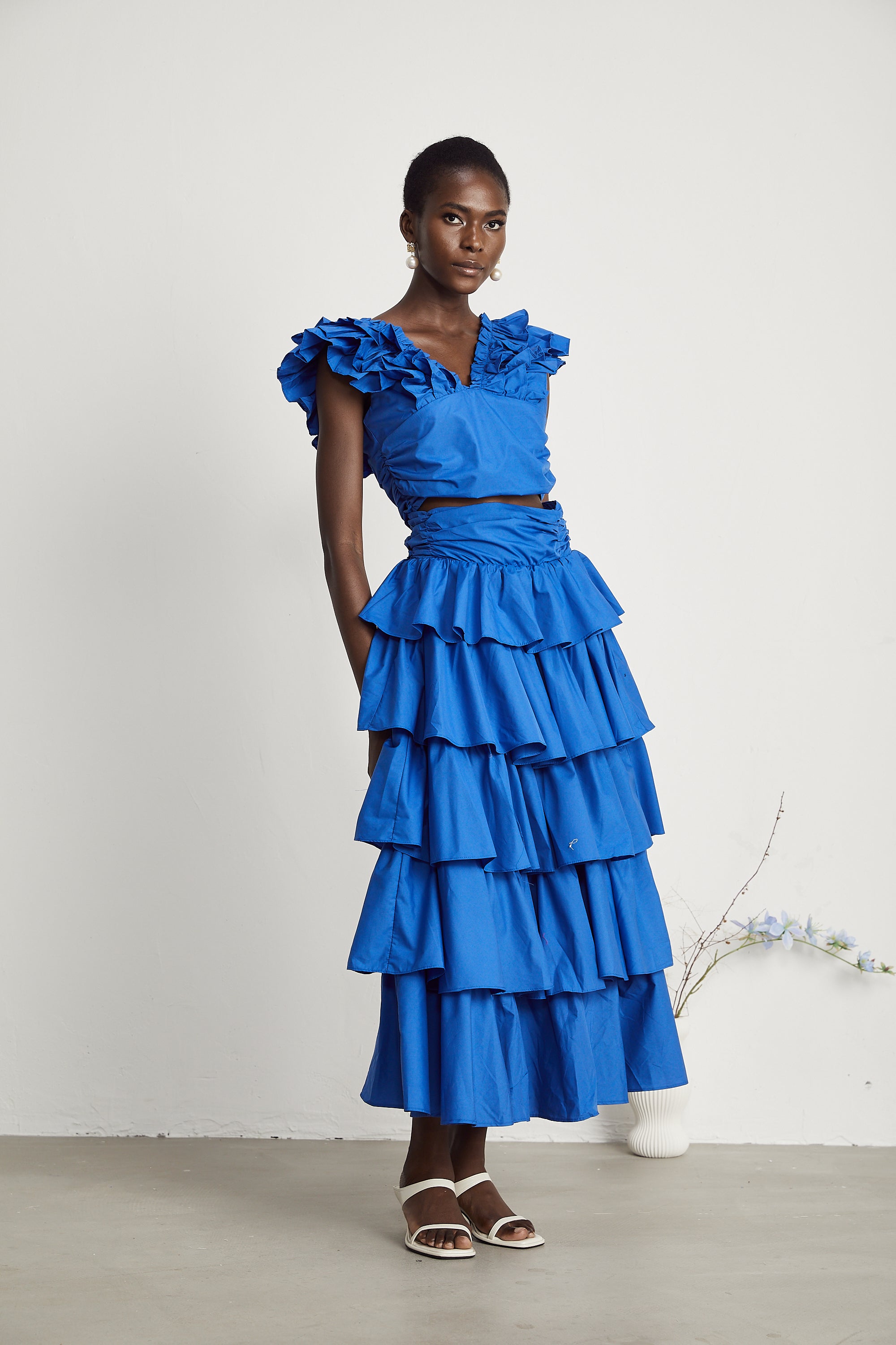 Inès ruffled-trim layered top & skirt matching set