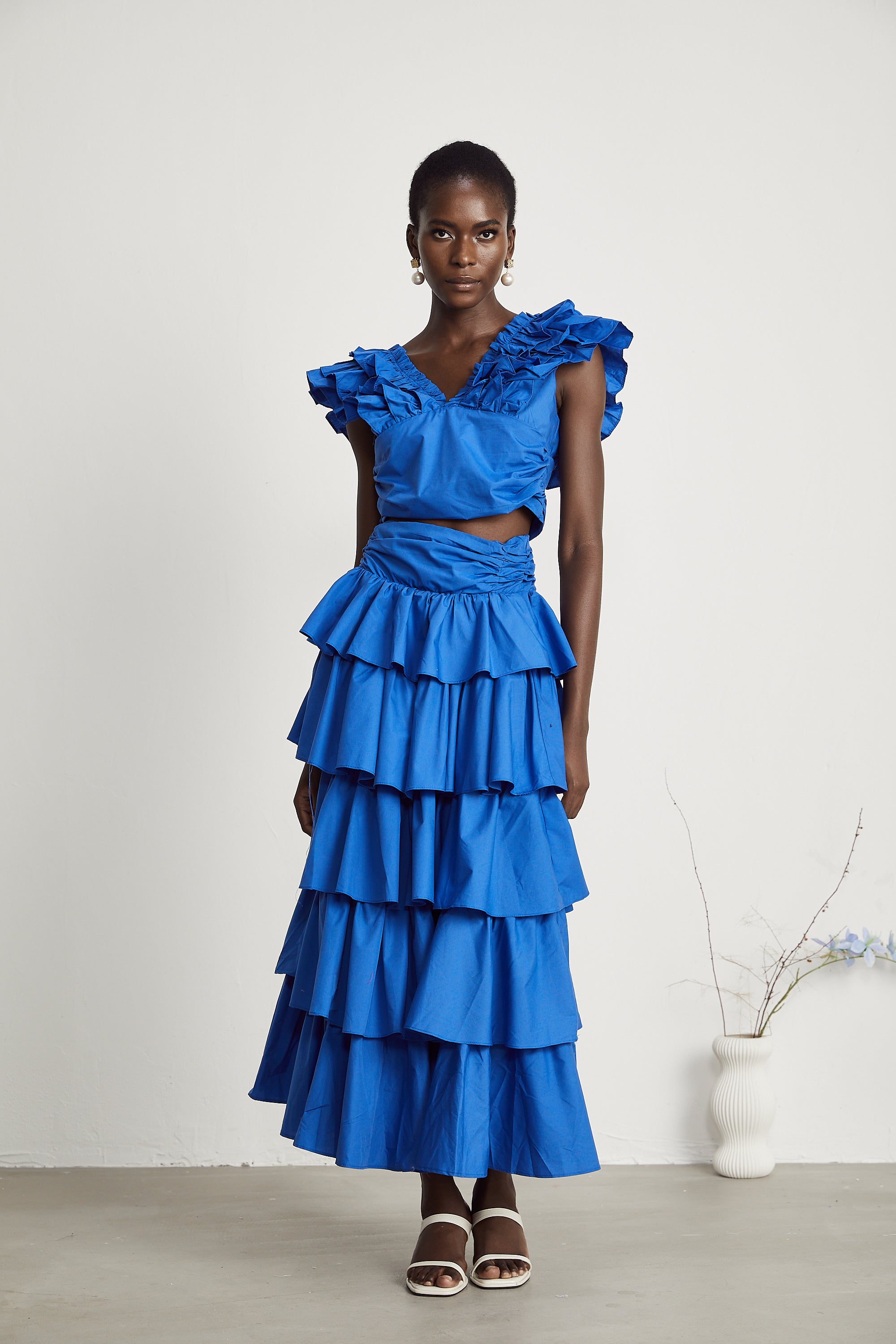 Inès ruffled-trim layered top & skirt matching set