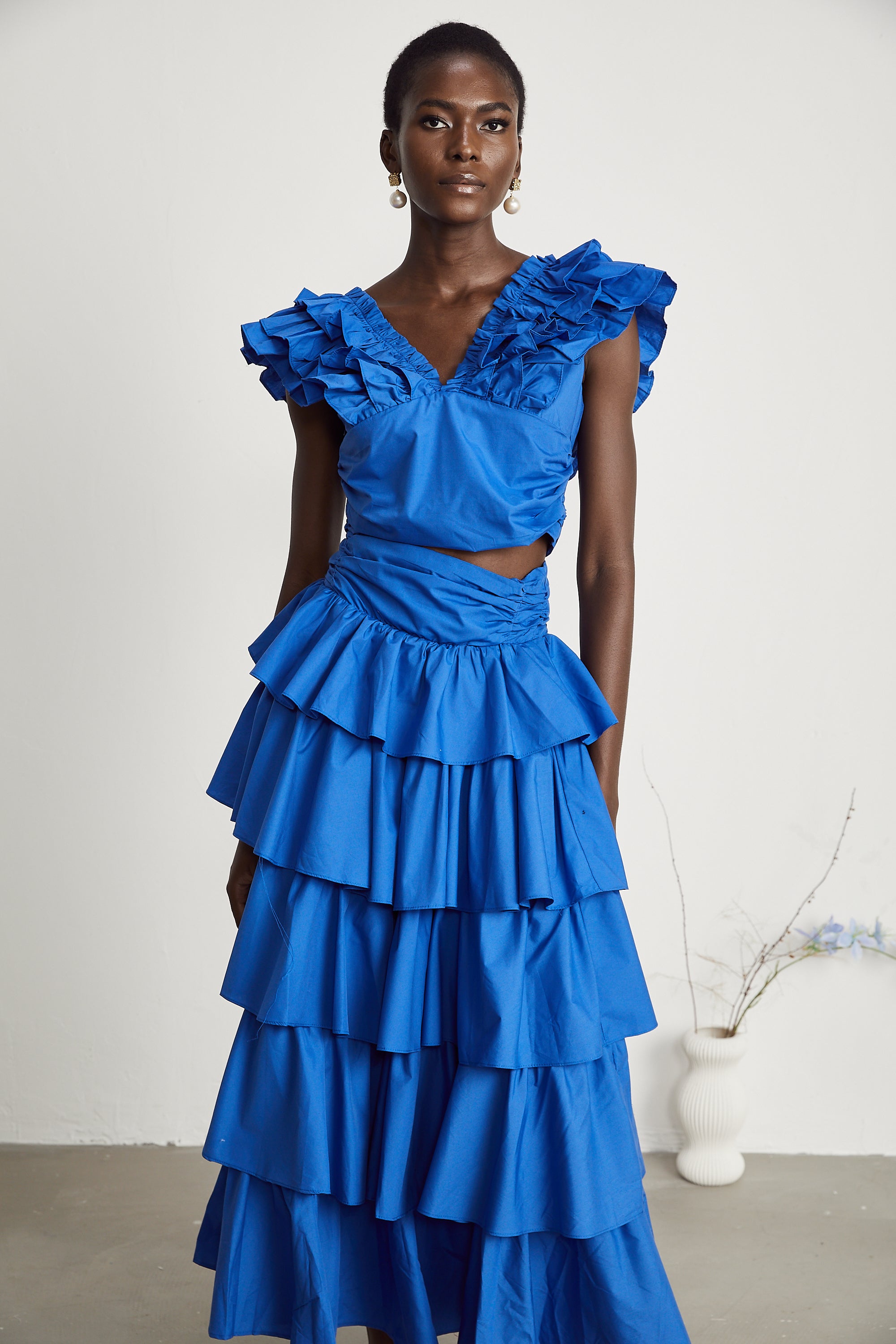 Inès ruffled-trim layered top & skirt matching set