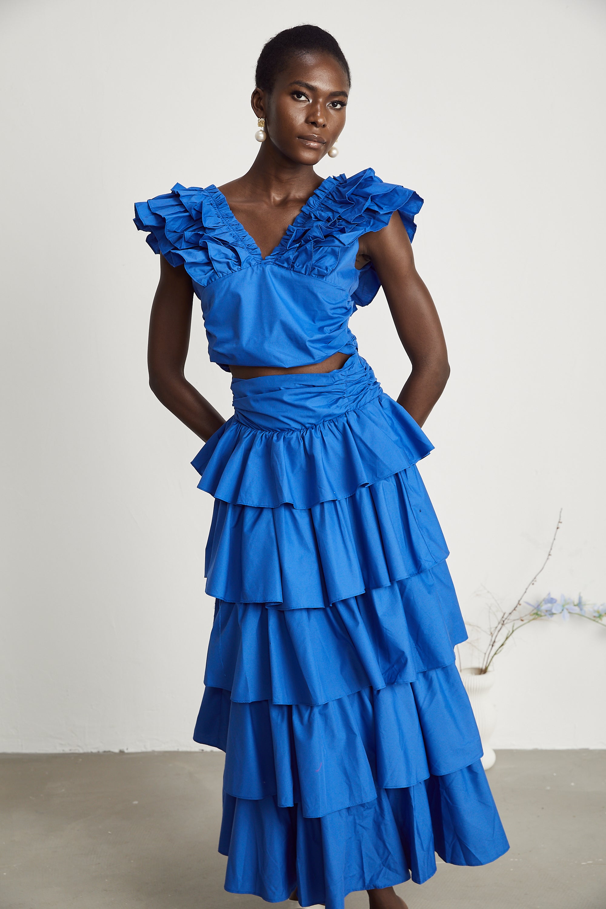 Inès ruffled-trim layered top & skirt matching set