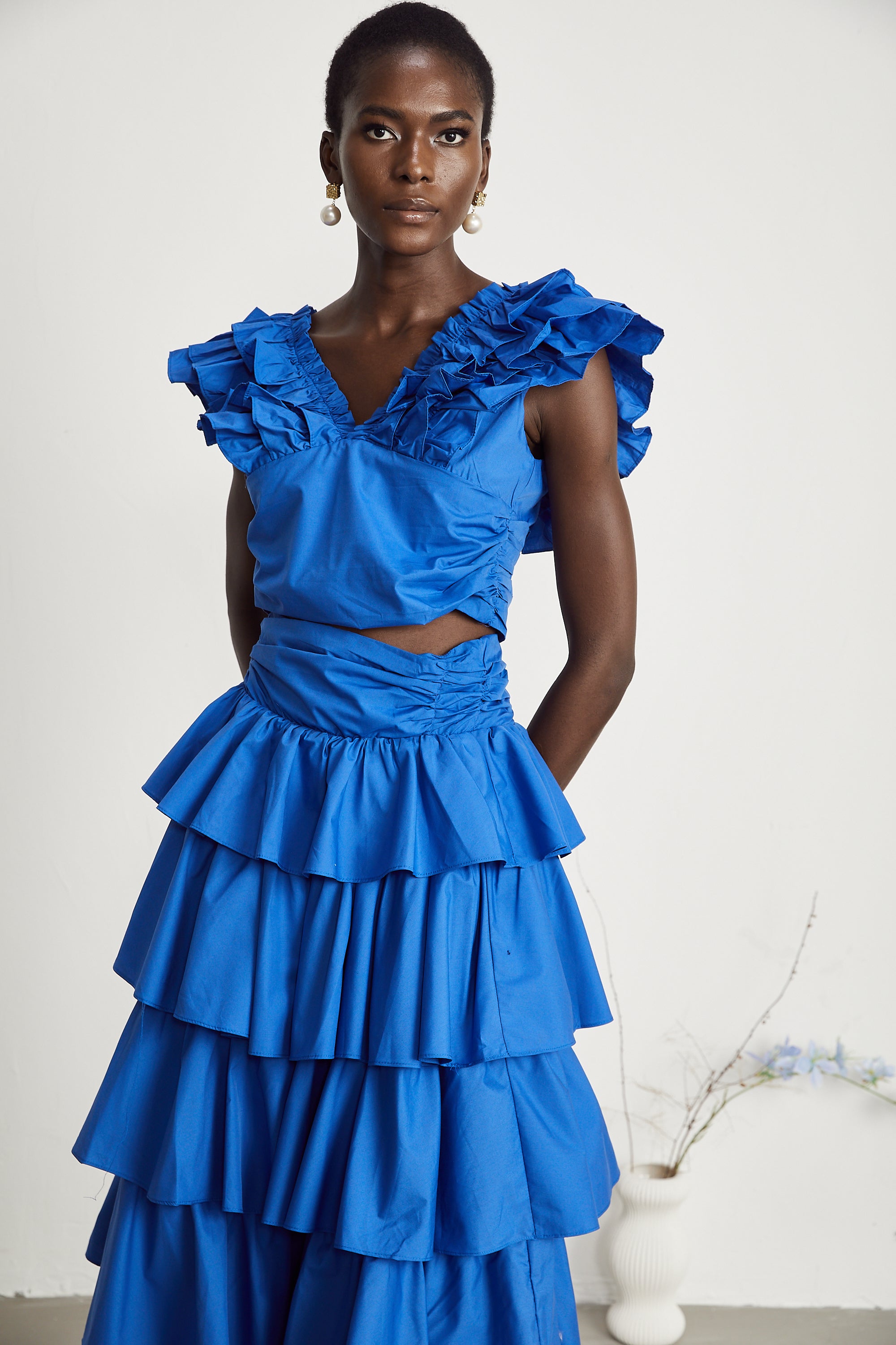 Inès ruffled-trim layered top & skirt matching set