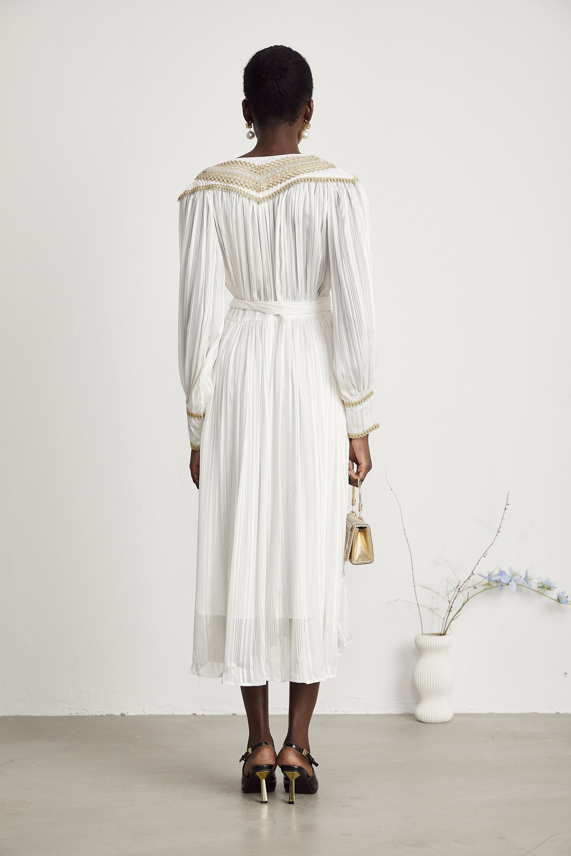 Élodie gold-trim pleated midi dress