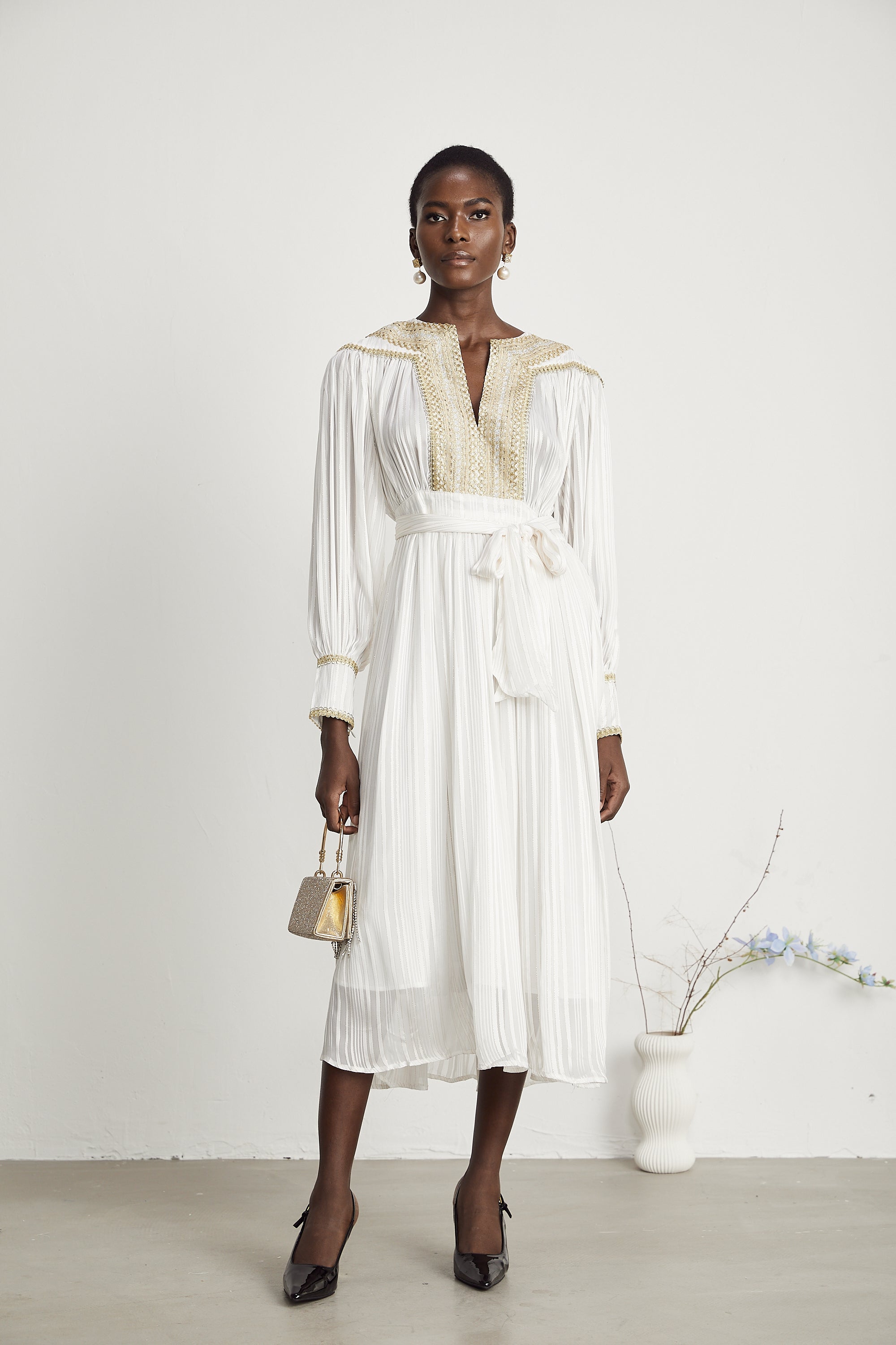 Élodie gold-trim pleated midi dress