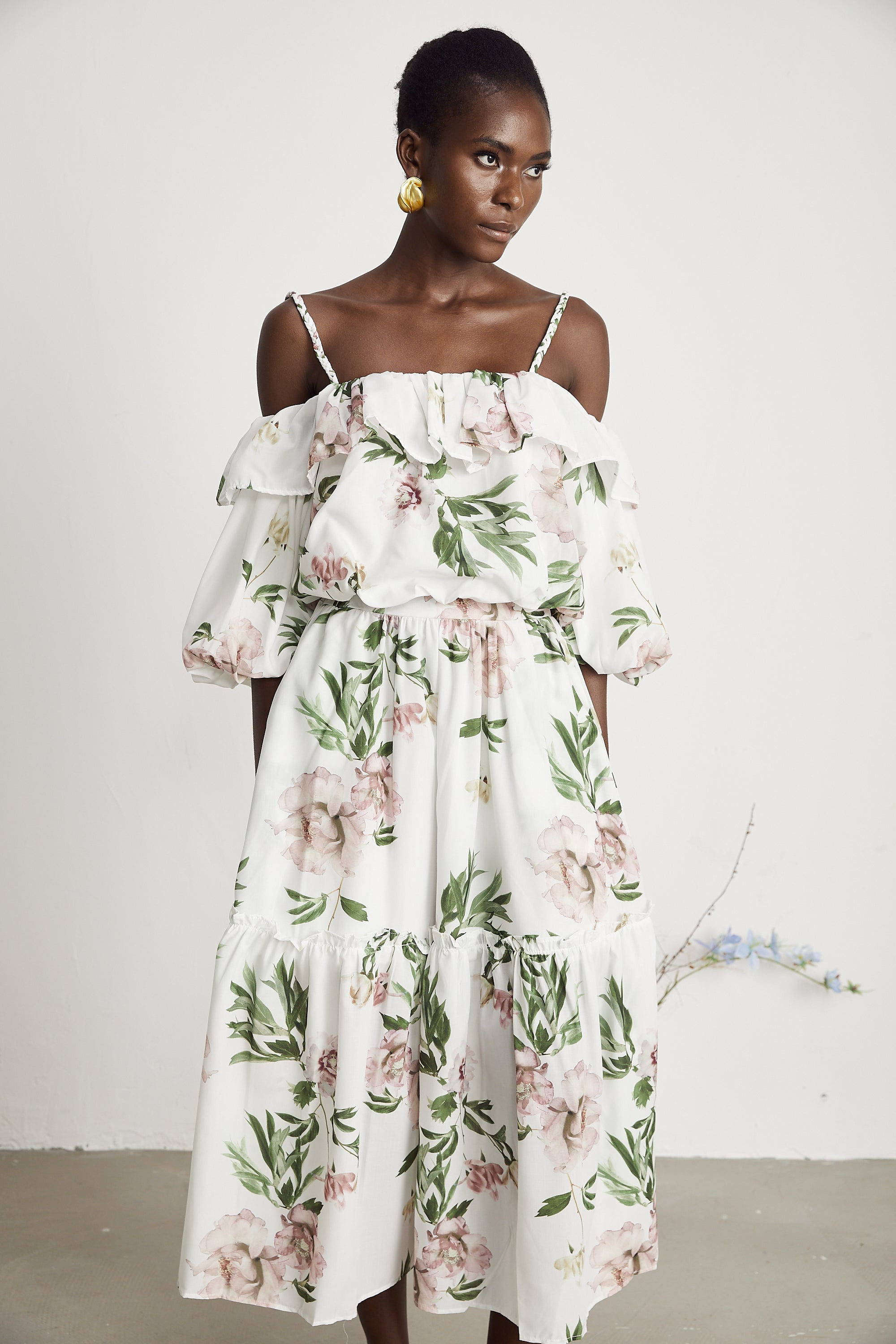 Solène floral-print ruffled top & skirt matching set