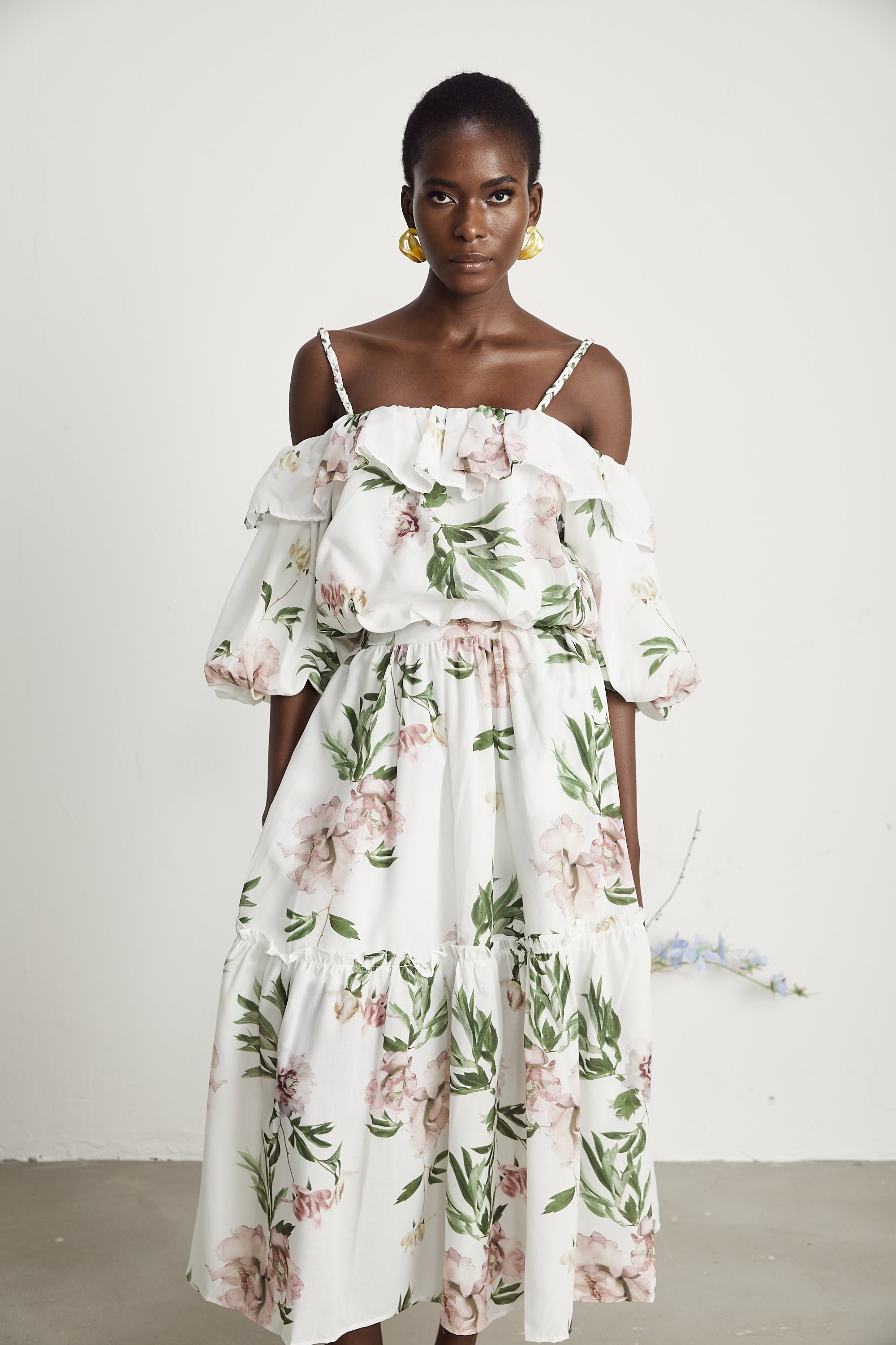 Solène floral-print ruffled top & skirt matching set