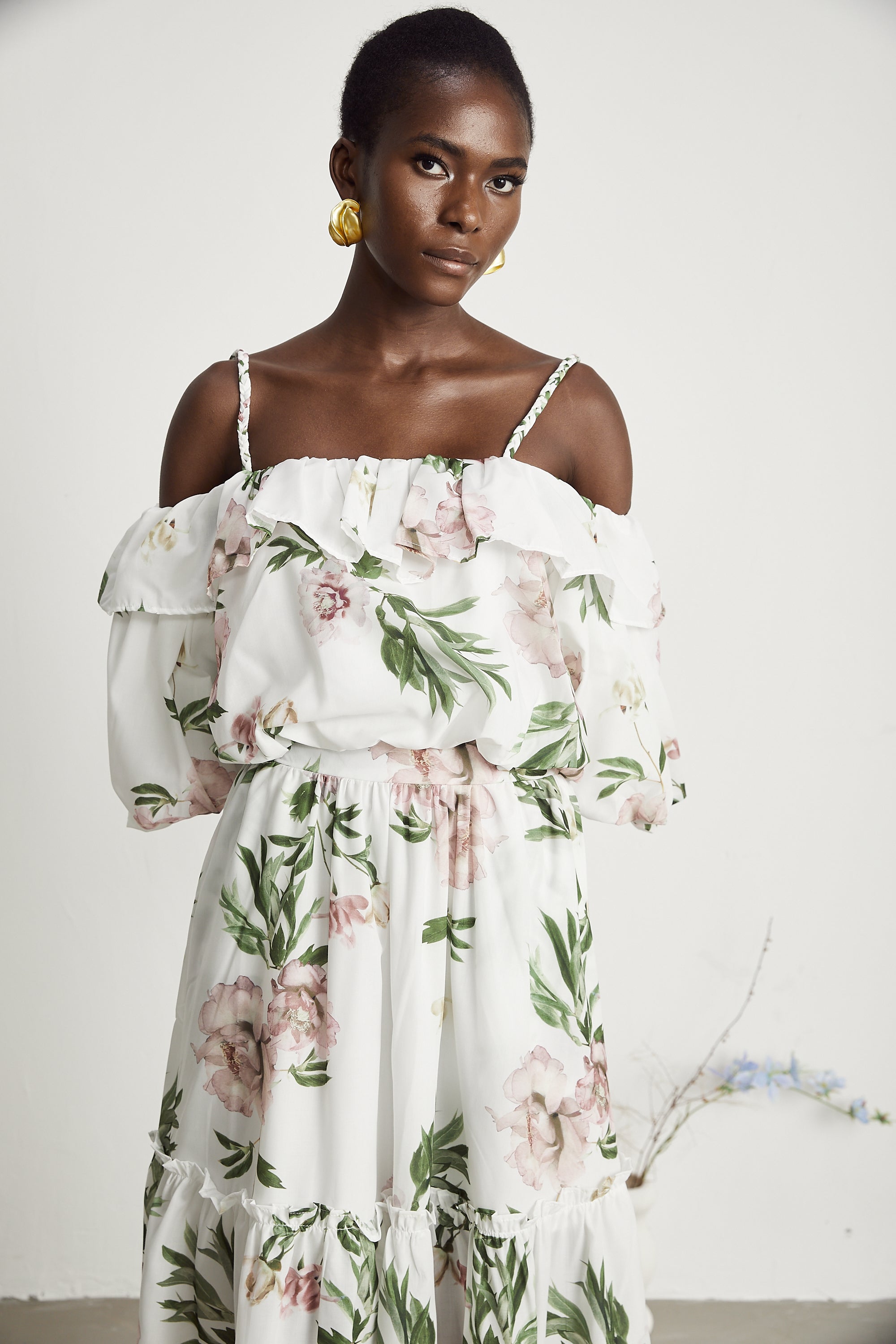 Solène floral-print ruffled top & skirt matching set