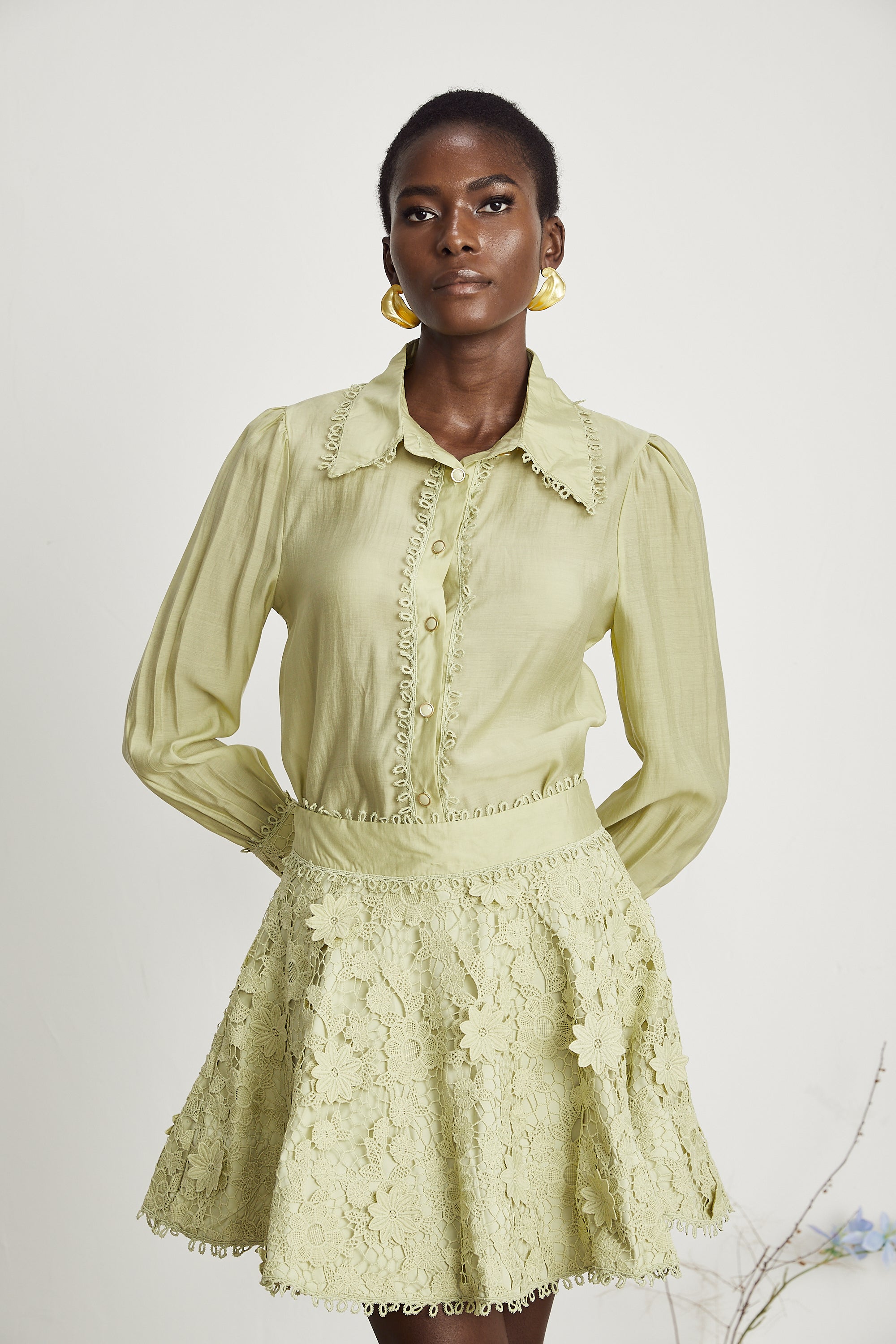 Hélène floral embroidered shirt & skirt matching set