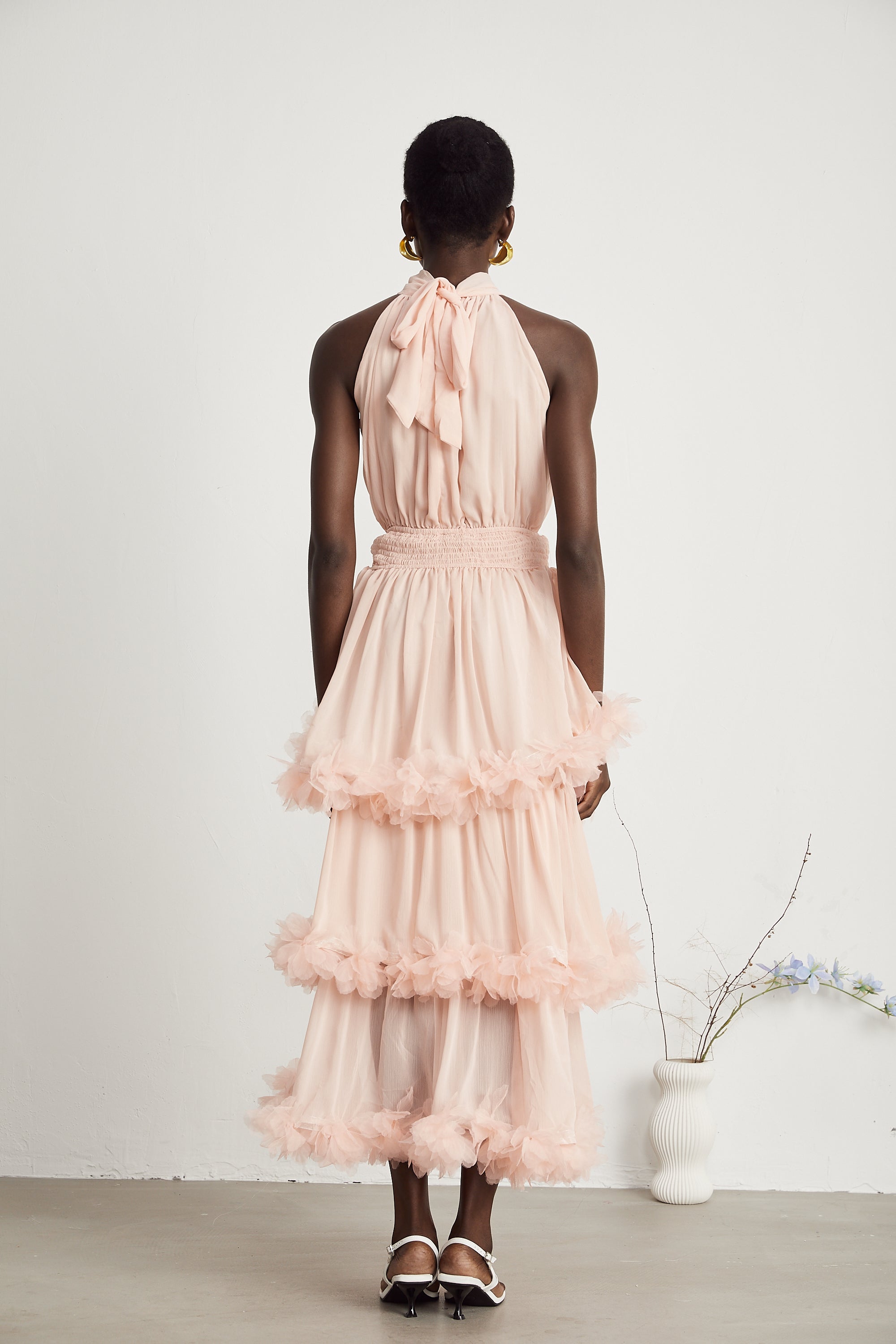 Micah pink 3D-petal tiered midi dress