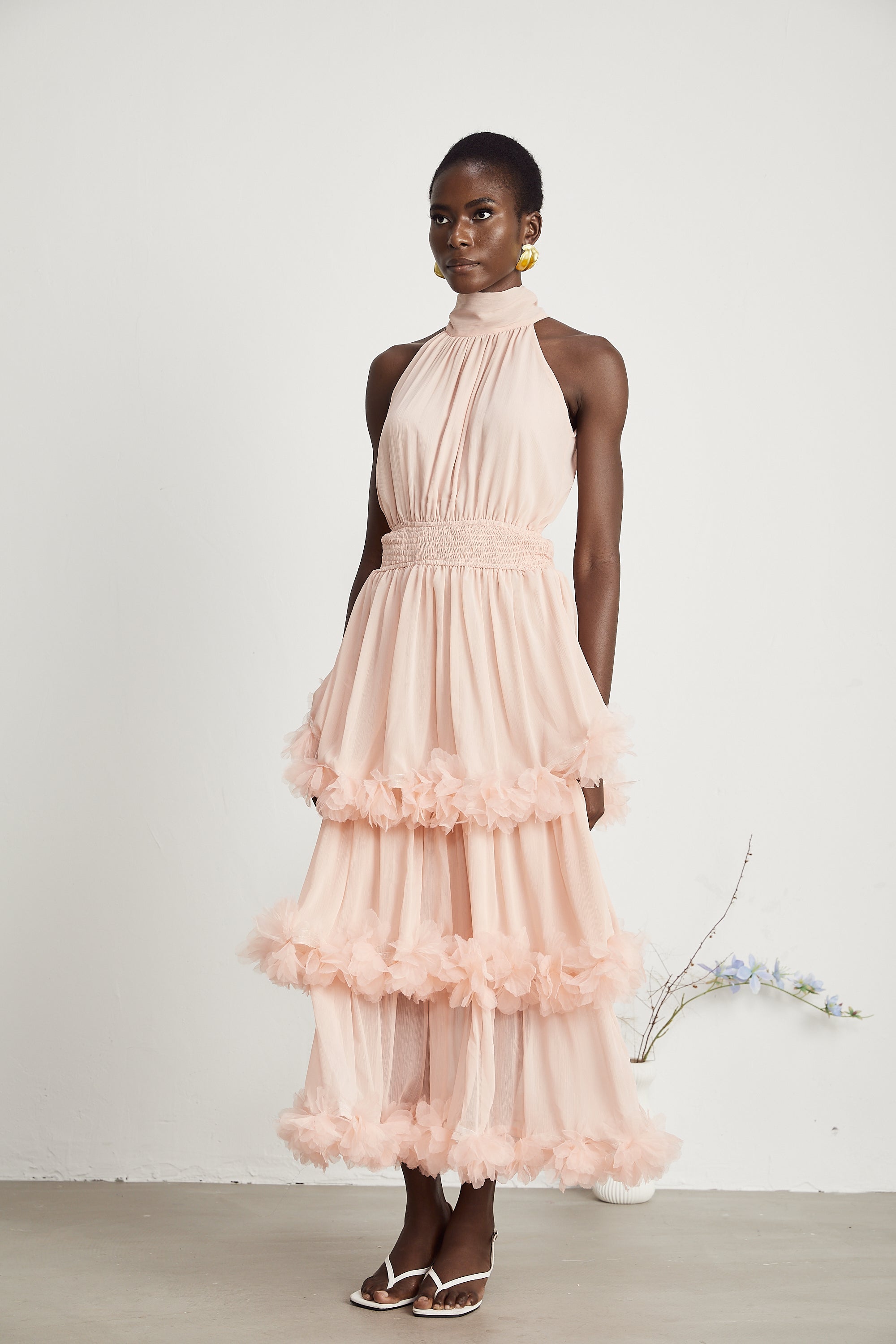 Micah pink 3D-petal tiered midi dress