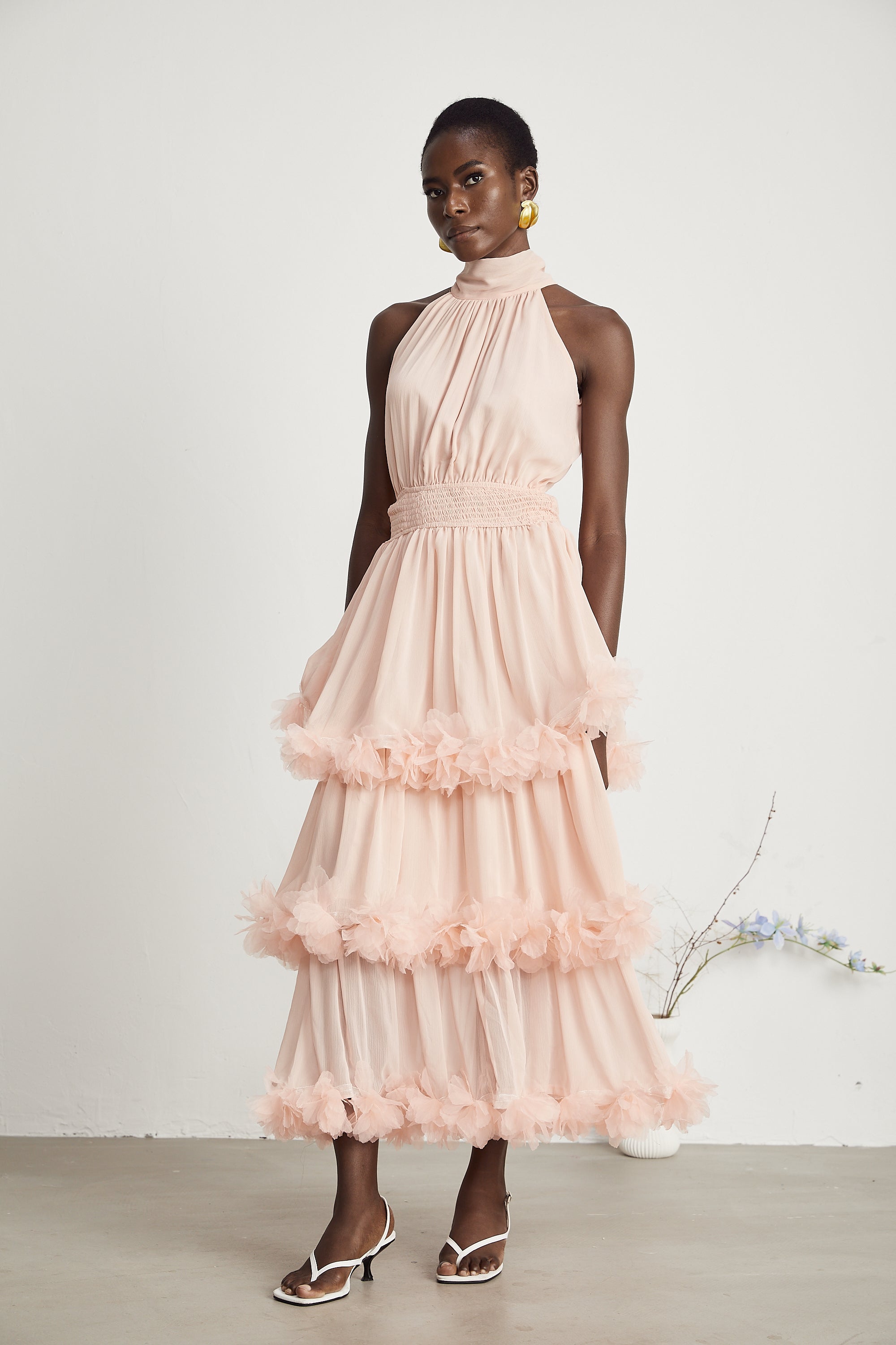 Micah pink 3D-petal tiered midi dress