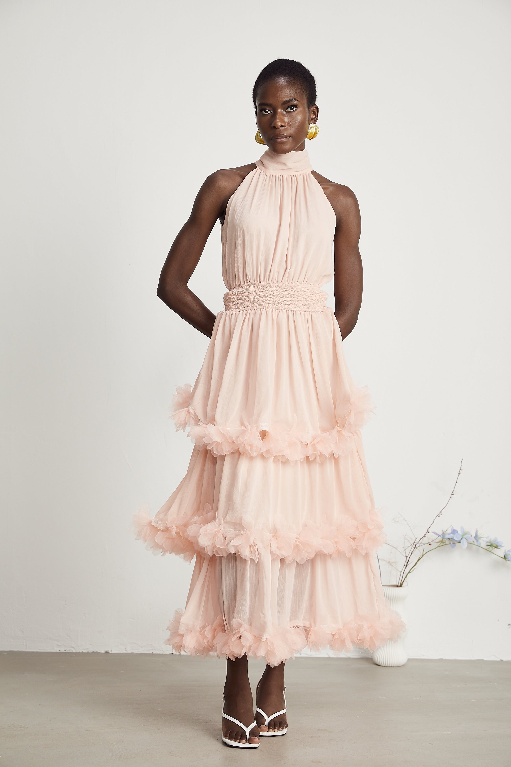 Micah pink 3D-petal tiered midi dress