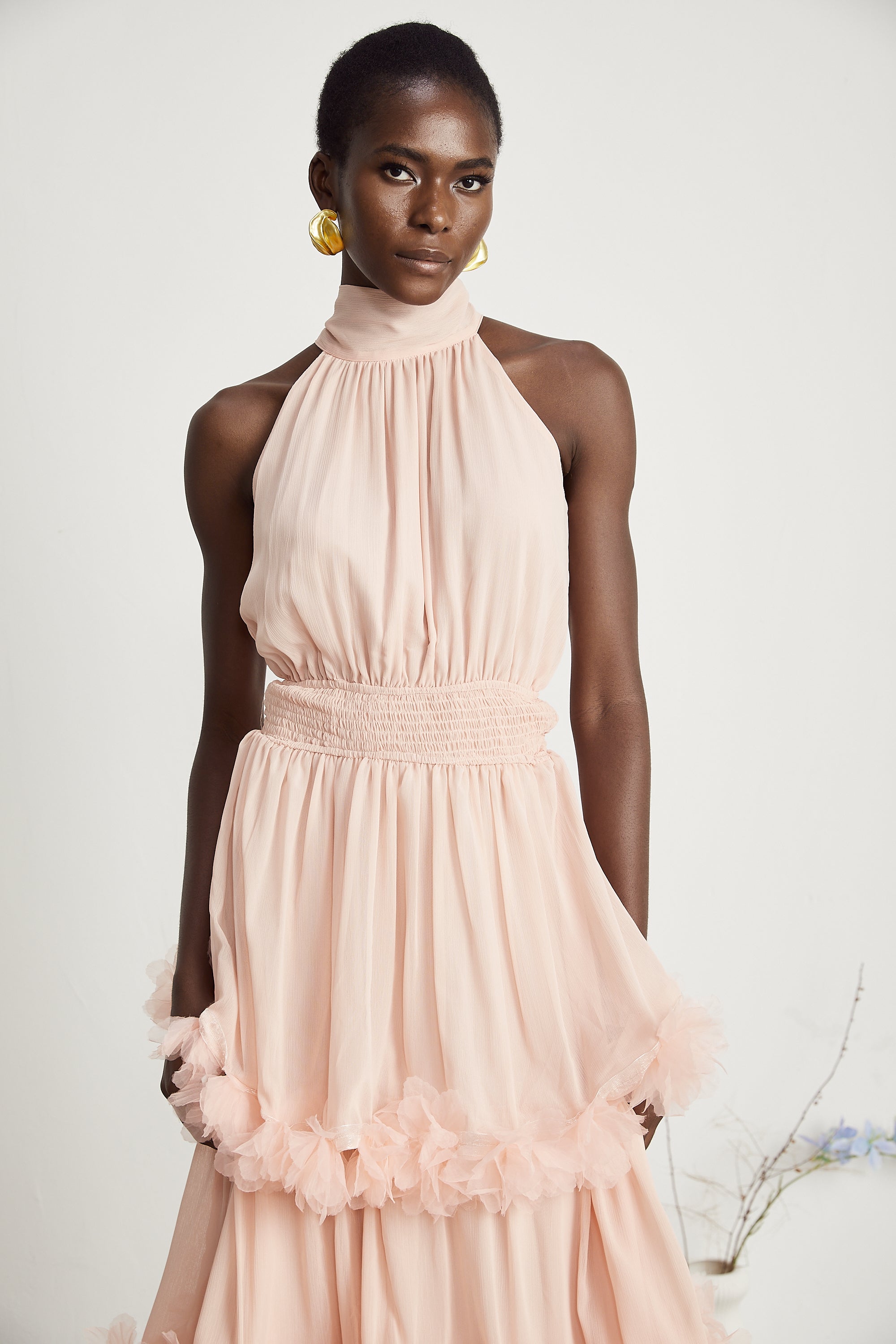 Micah pink 3D-petal tiered midi dress