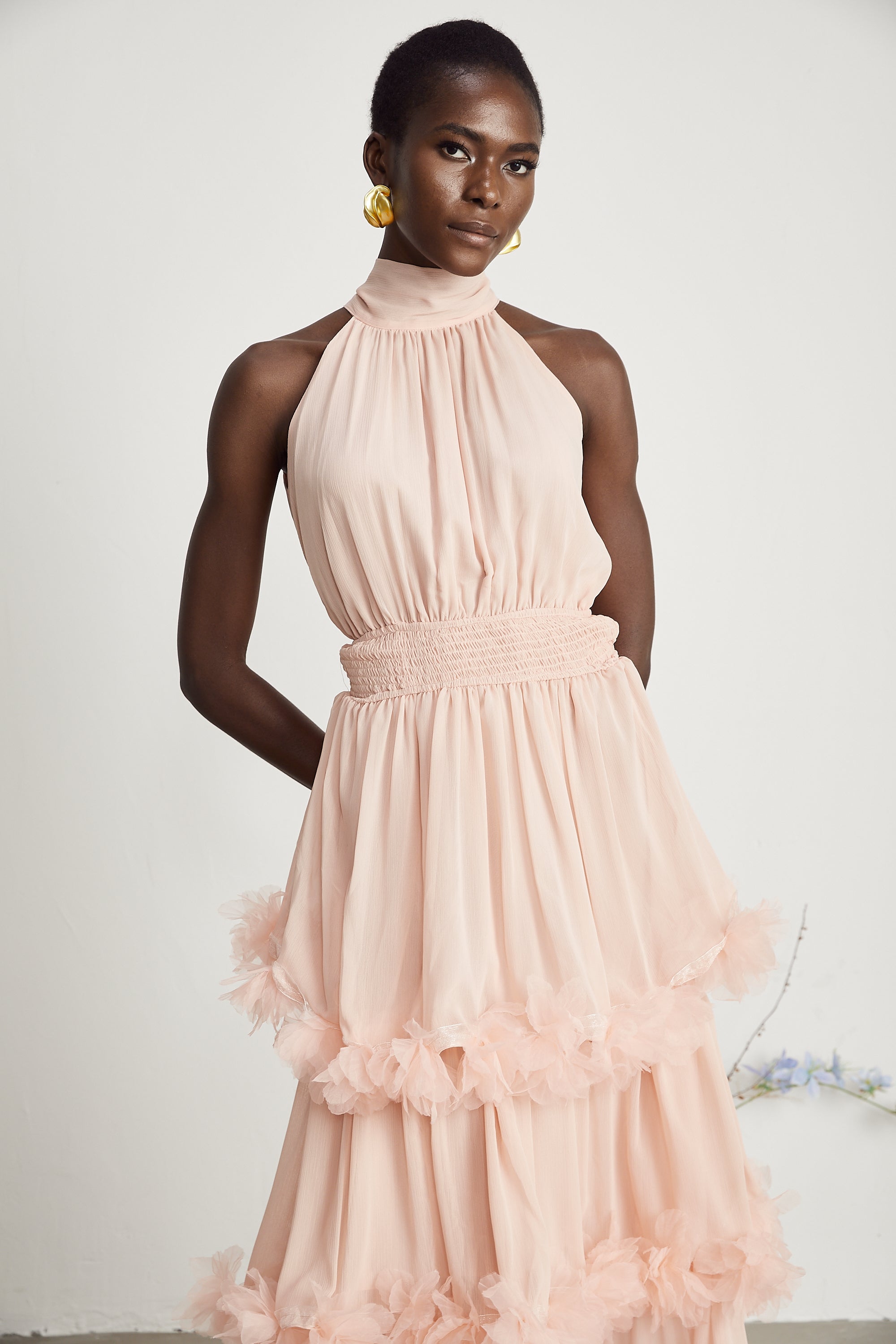 Micah pink 3D-petal tiered midi dress