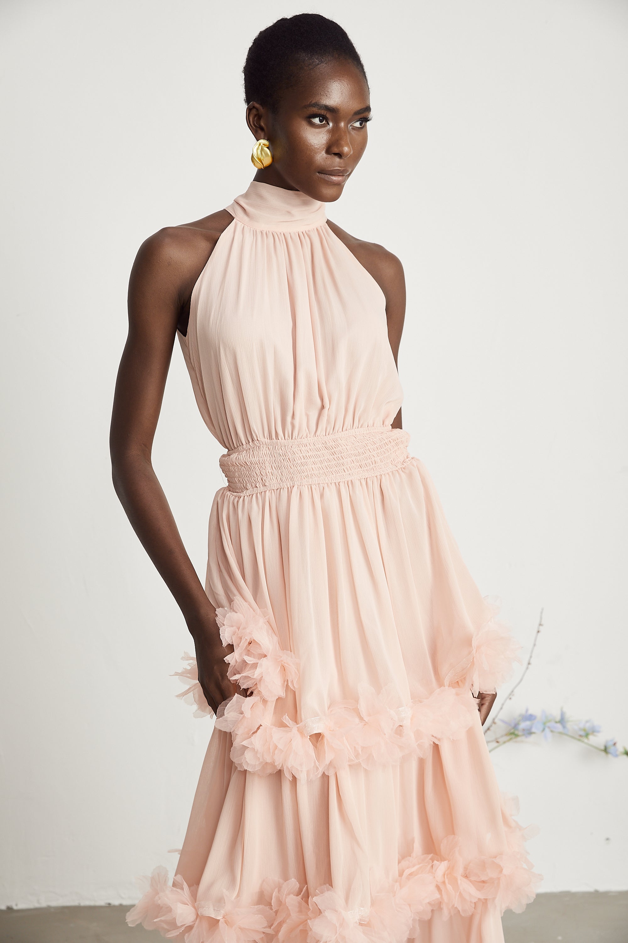 Micah pink 3D-petal tiered midi dress