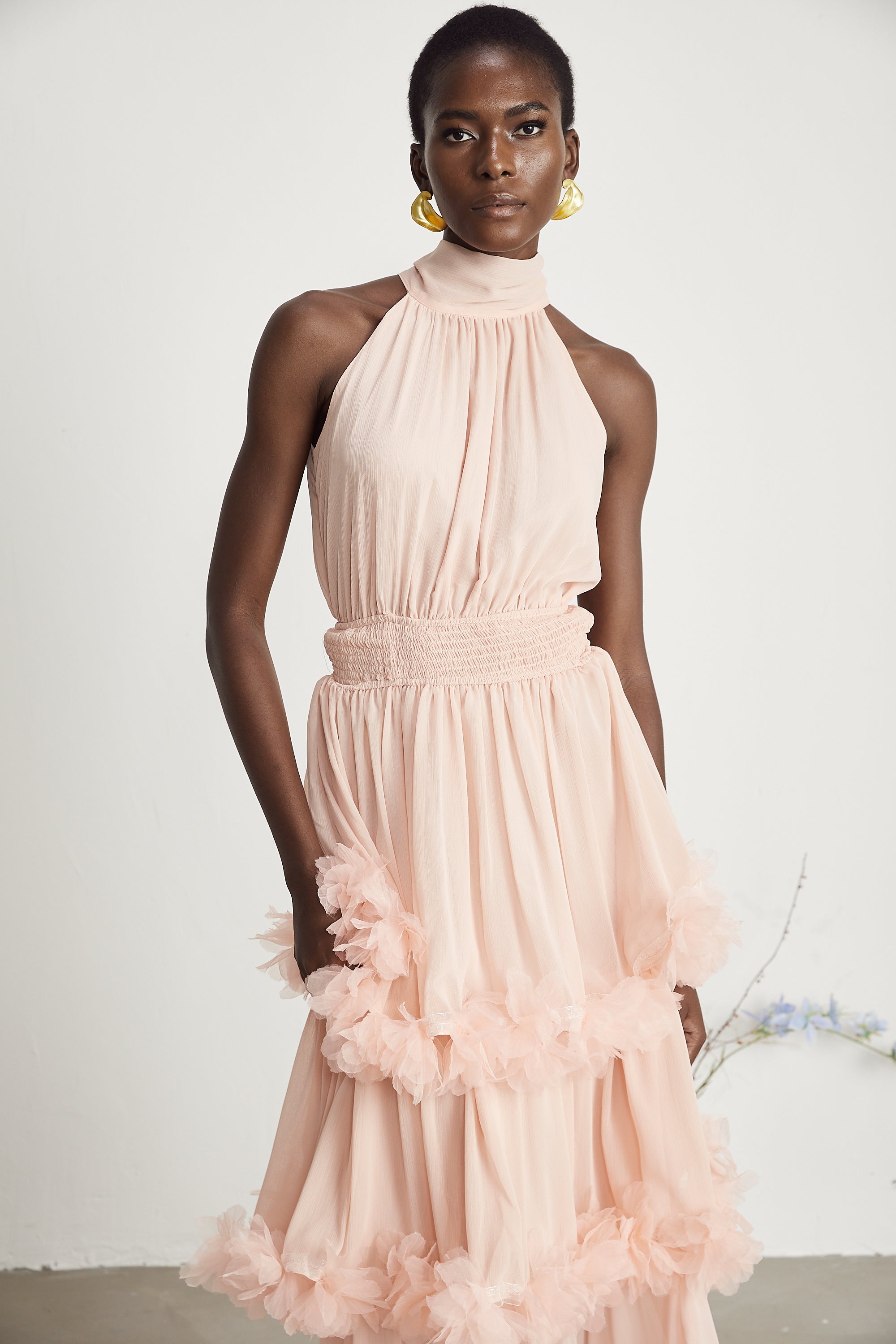 Micah pink 3D-petal tiered midi dress