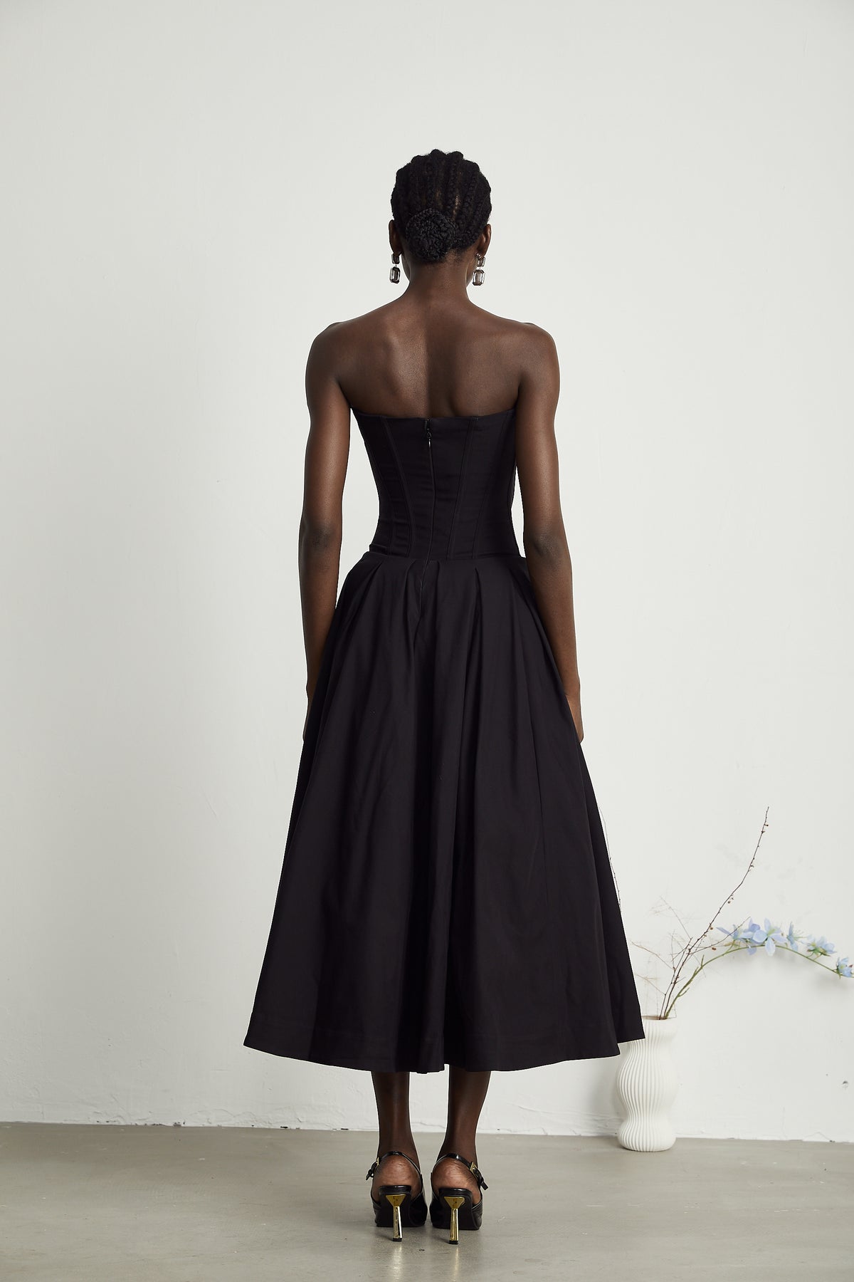 Draped Off Shoulder Corset Midi Dress Black