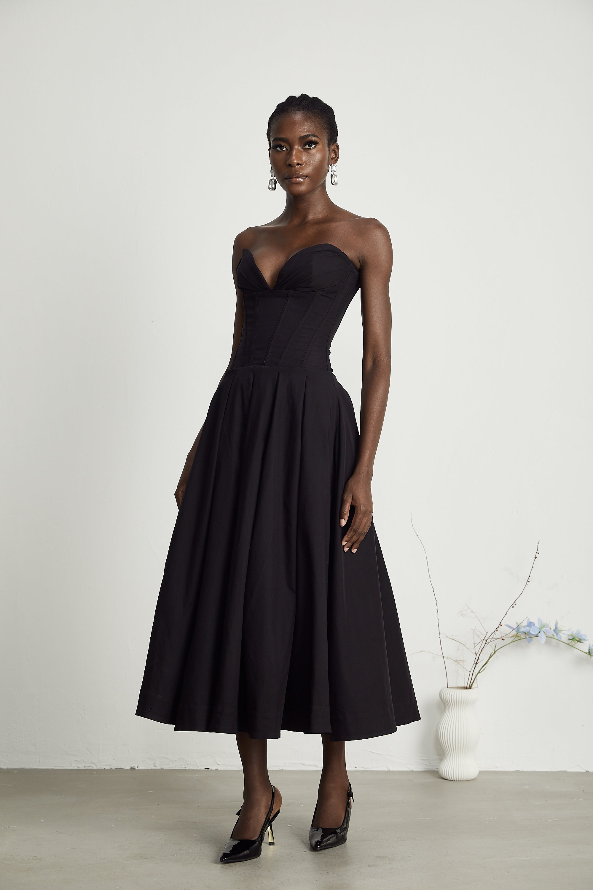 Katherine off-shoulder corset midi dress in Black