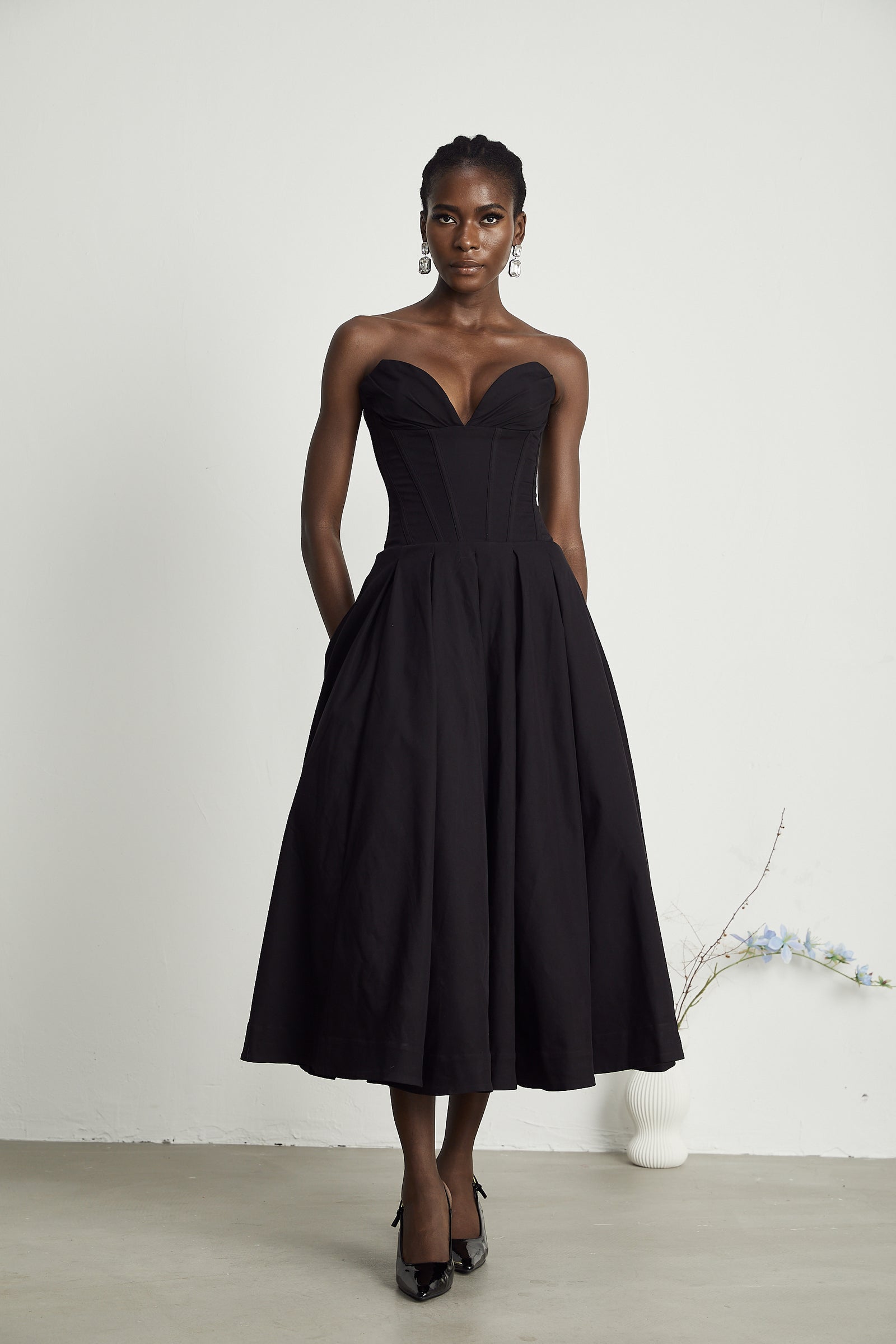 Off Shoulder Draped Corset Cocktail Midi Dress - White