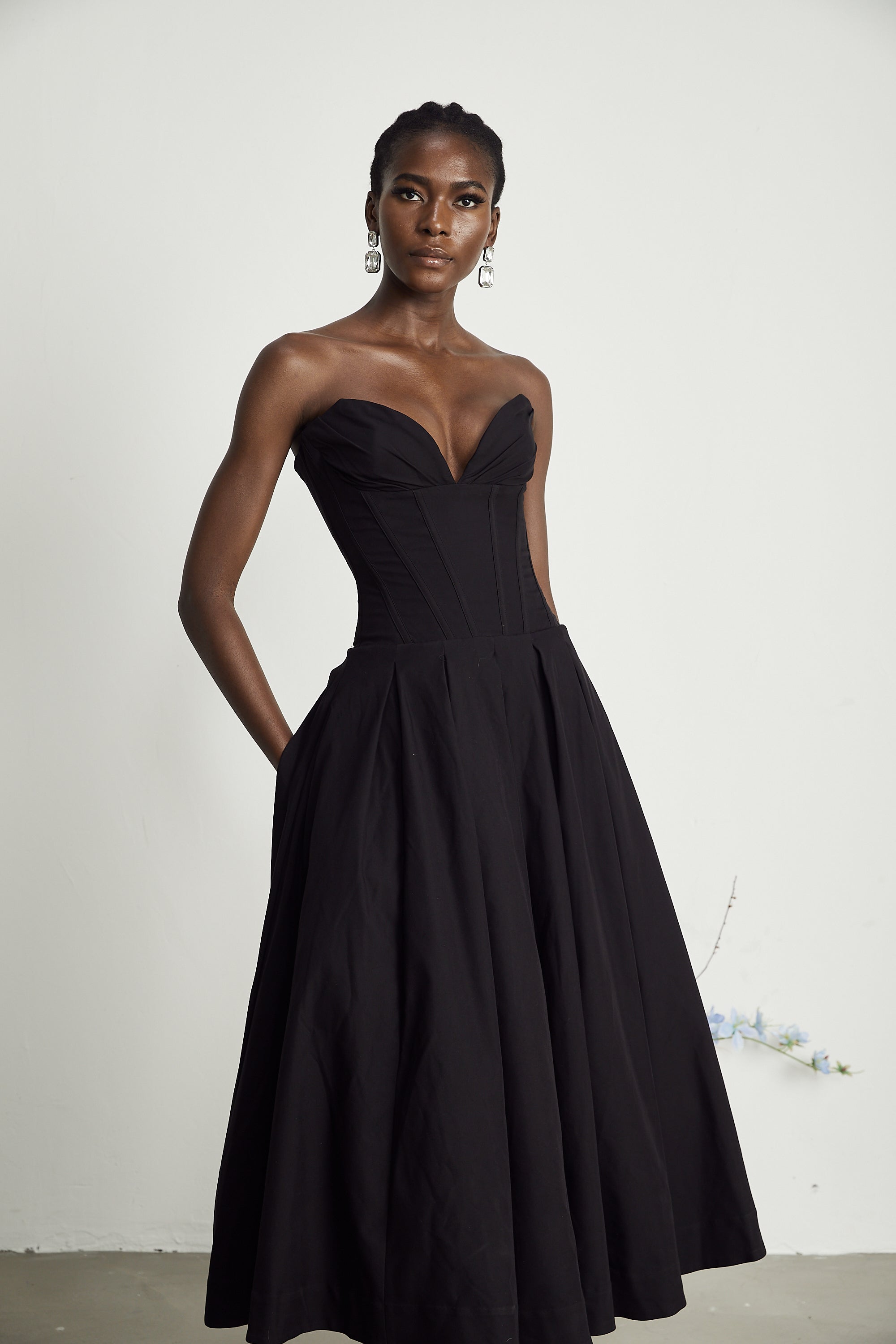 Katherine off-shoulder corset midi dress in Black