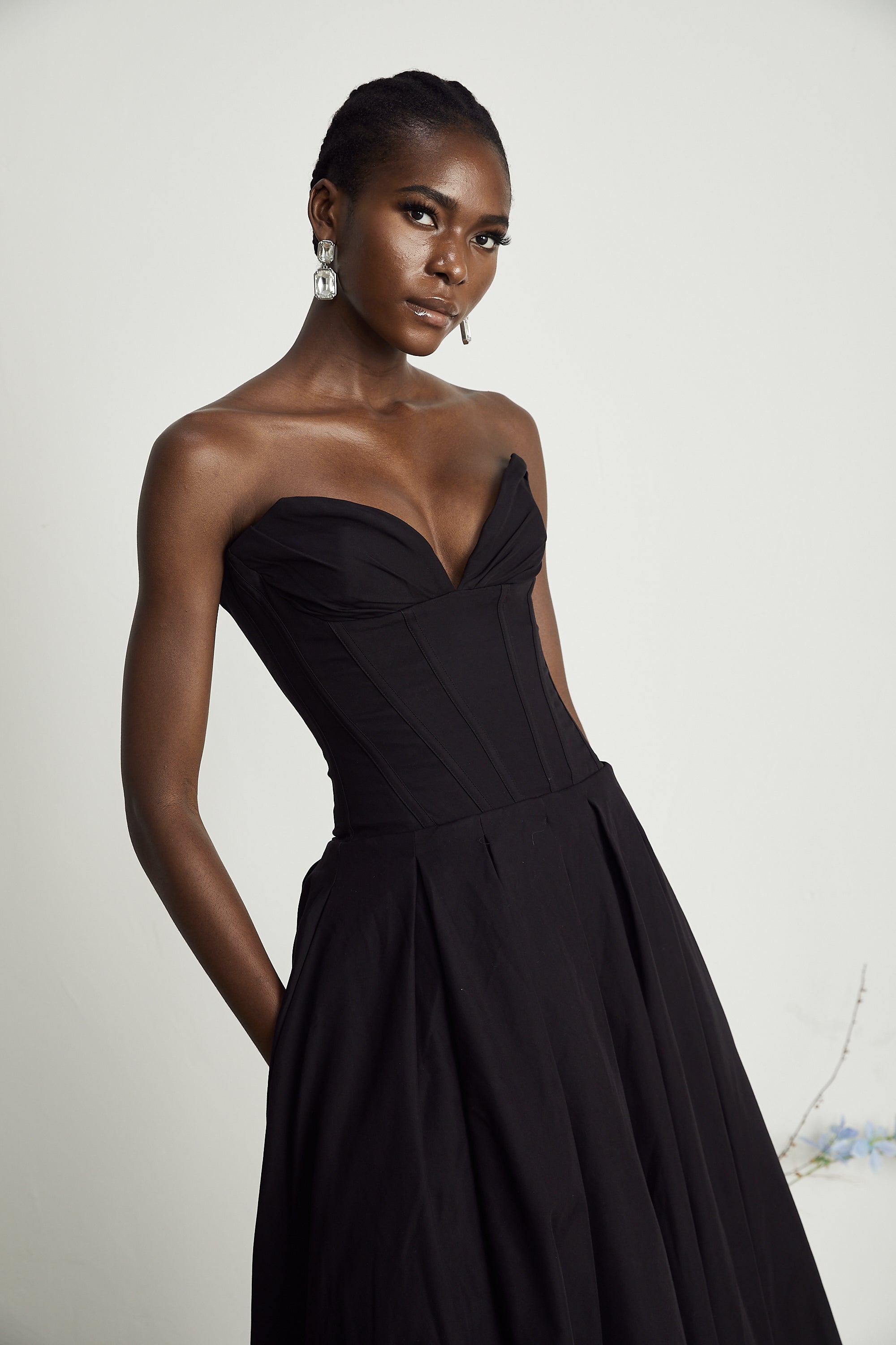 Katherine off-shoulder corset midi dress in Black