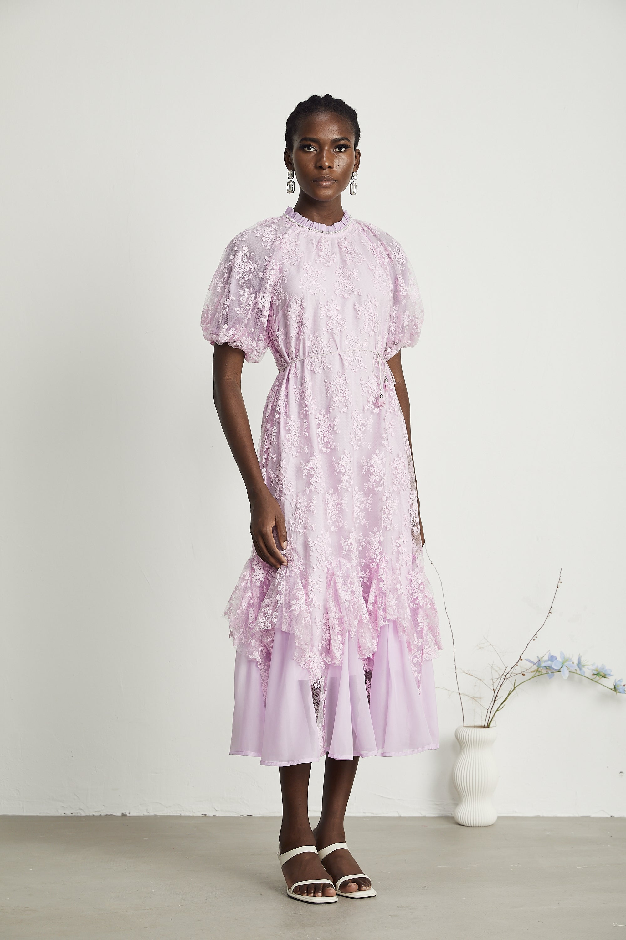 Coralie floral embroideried layered midi dress in Purple