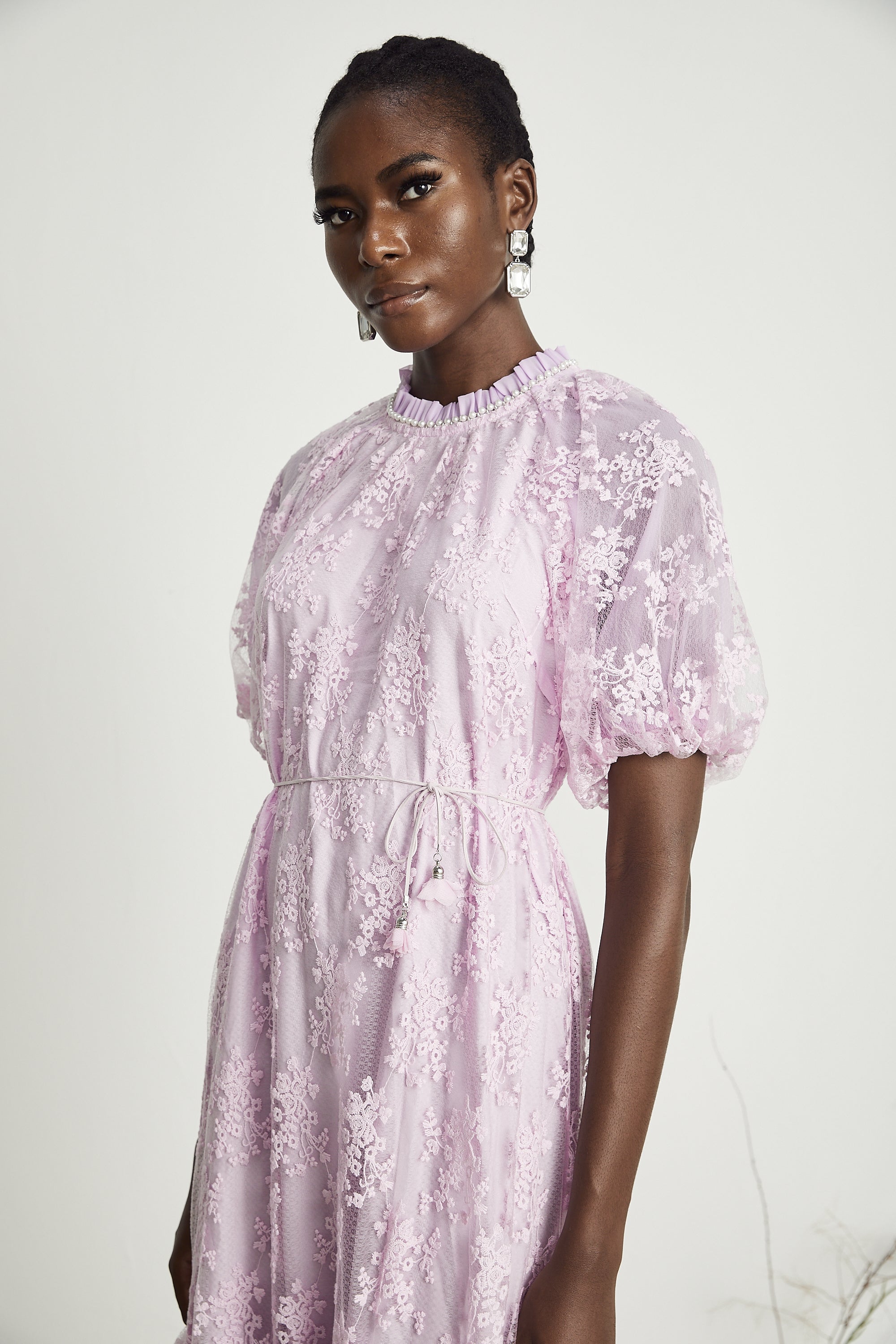 Coralie floral embroideried layered midi dress in Purple