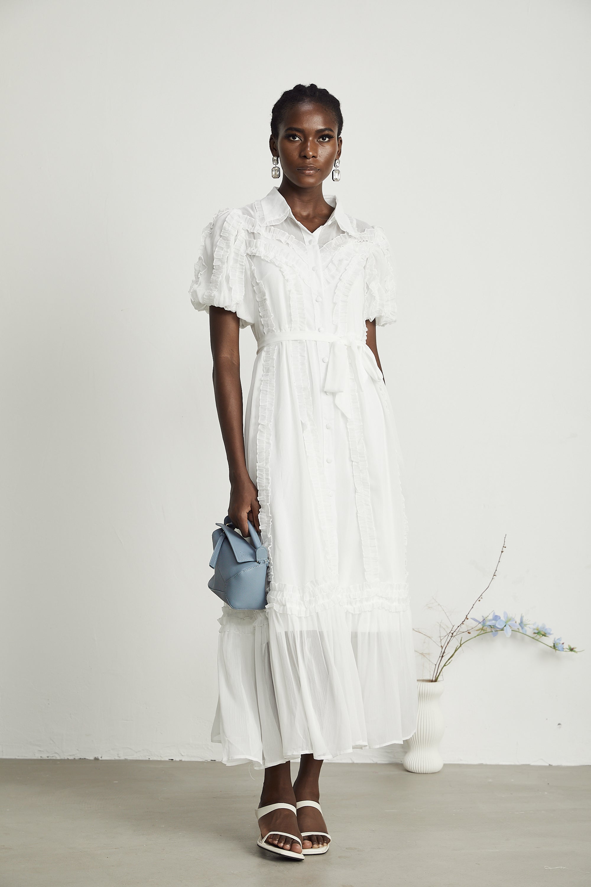 Lorina white ruffled midi dress