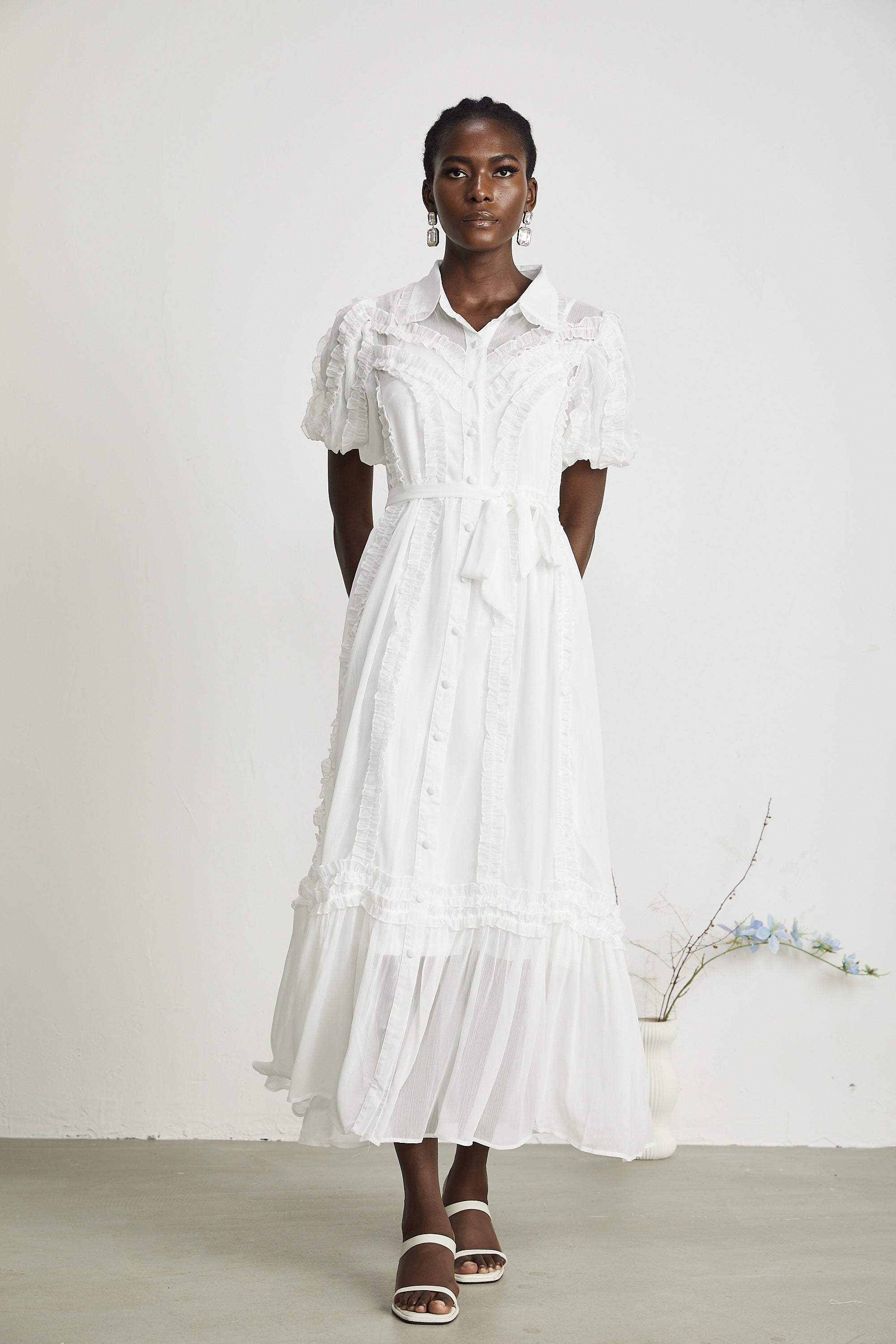 Lorina white ruffled midi dress