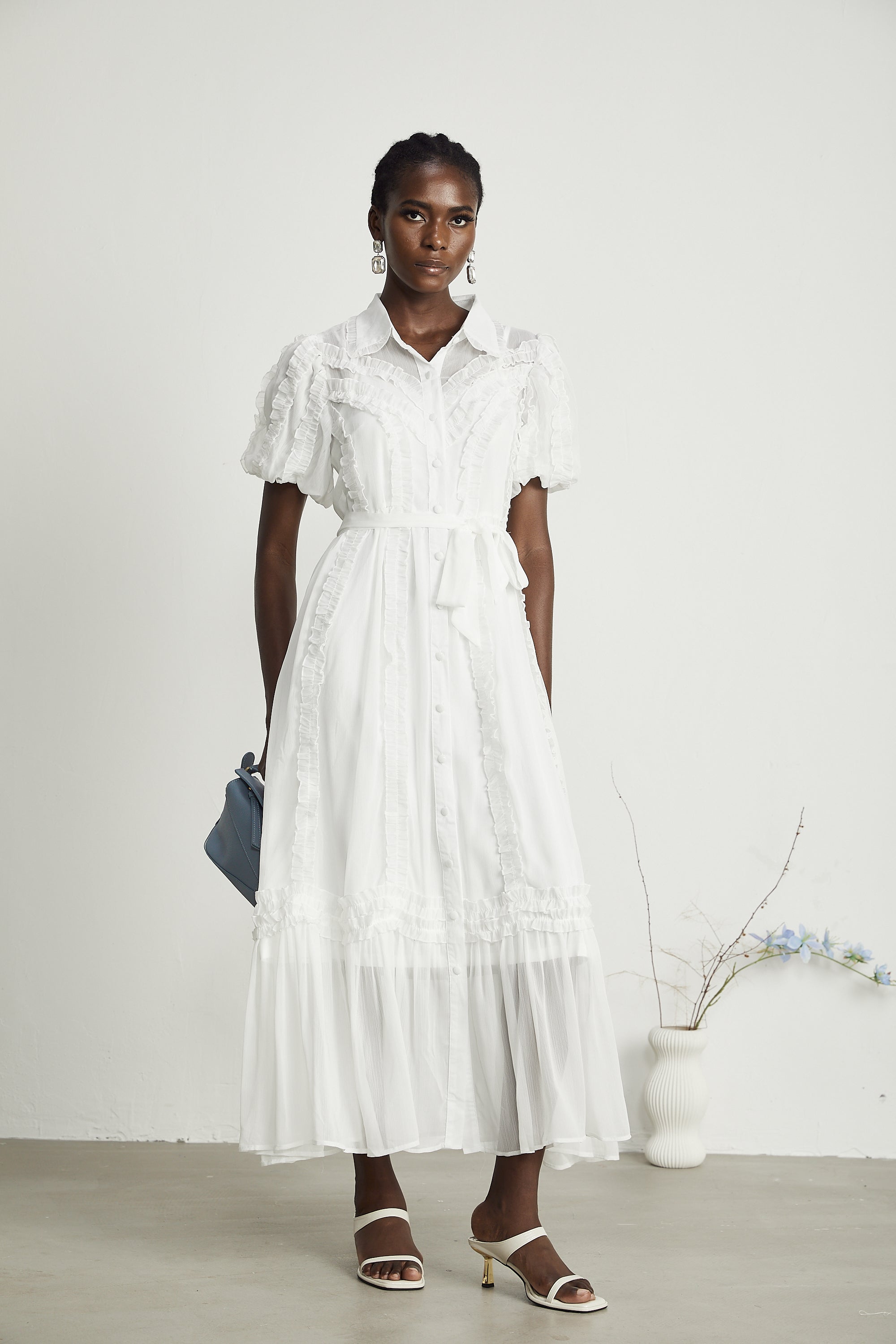 Lorina white ruffled midi dress